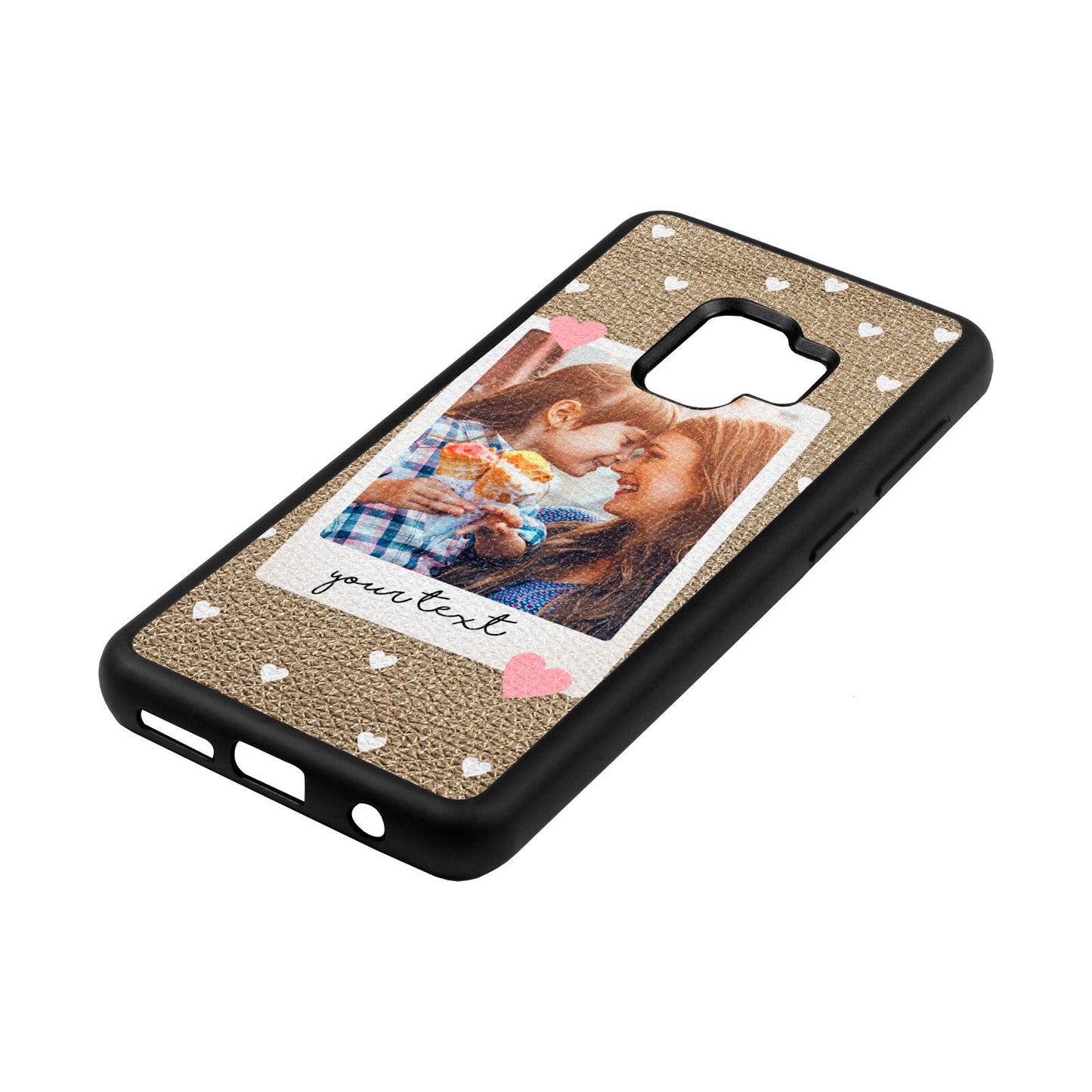 Personalised Photo Love Hearts Gold Pebble Leather Samsung S9 Case Side Angle