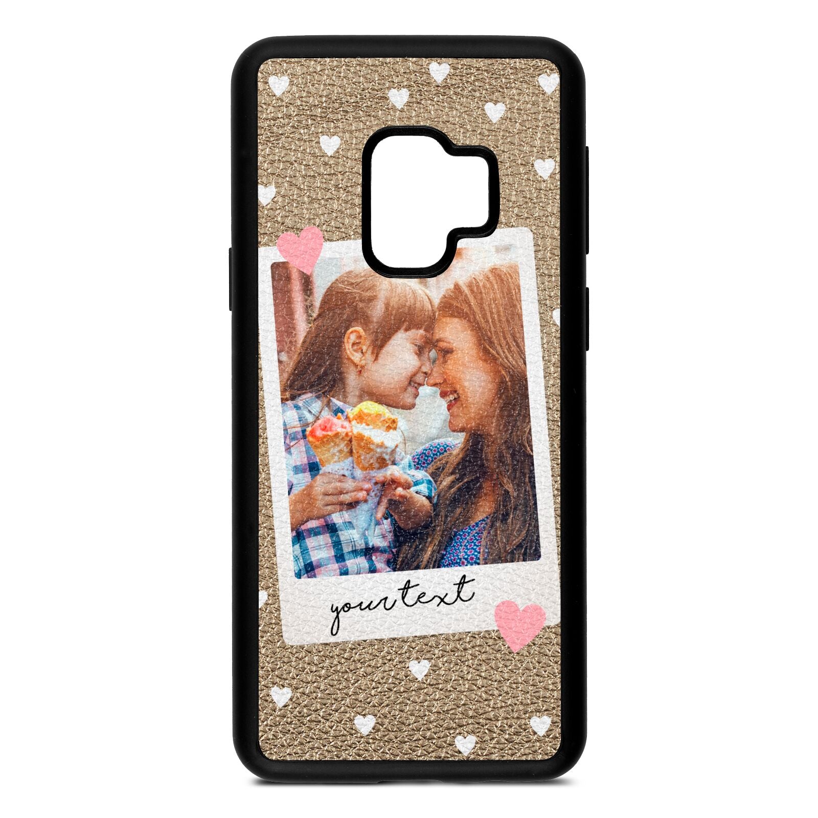 Personalised Photo Love Hearts Gold Pebble Leather Samsung S9 Case