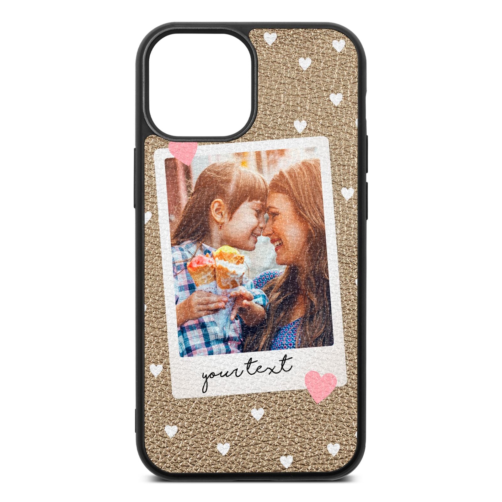 Personalised Photo Love Hearts Gold Pebble Leather iPhone 13 Mini Case