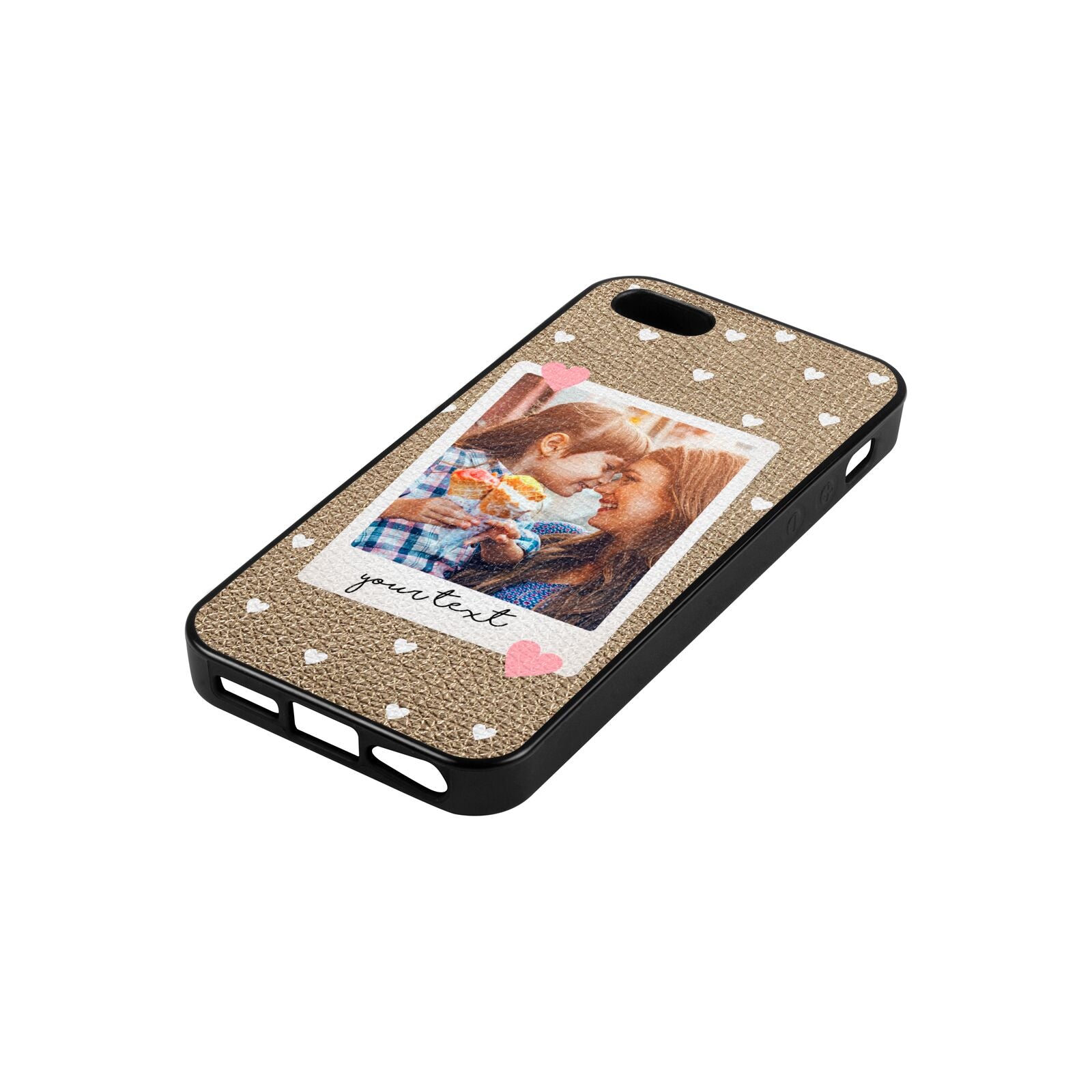 Personalised Photo Love Hearts Gold Pebble Leather iPhone 5 Case Side Angle