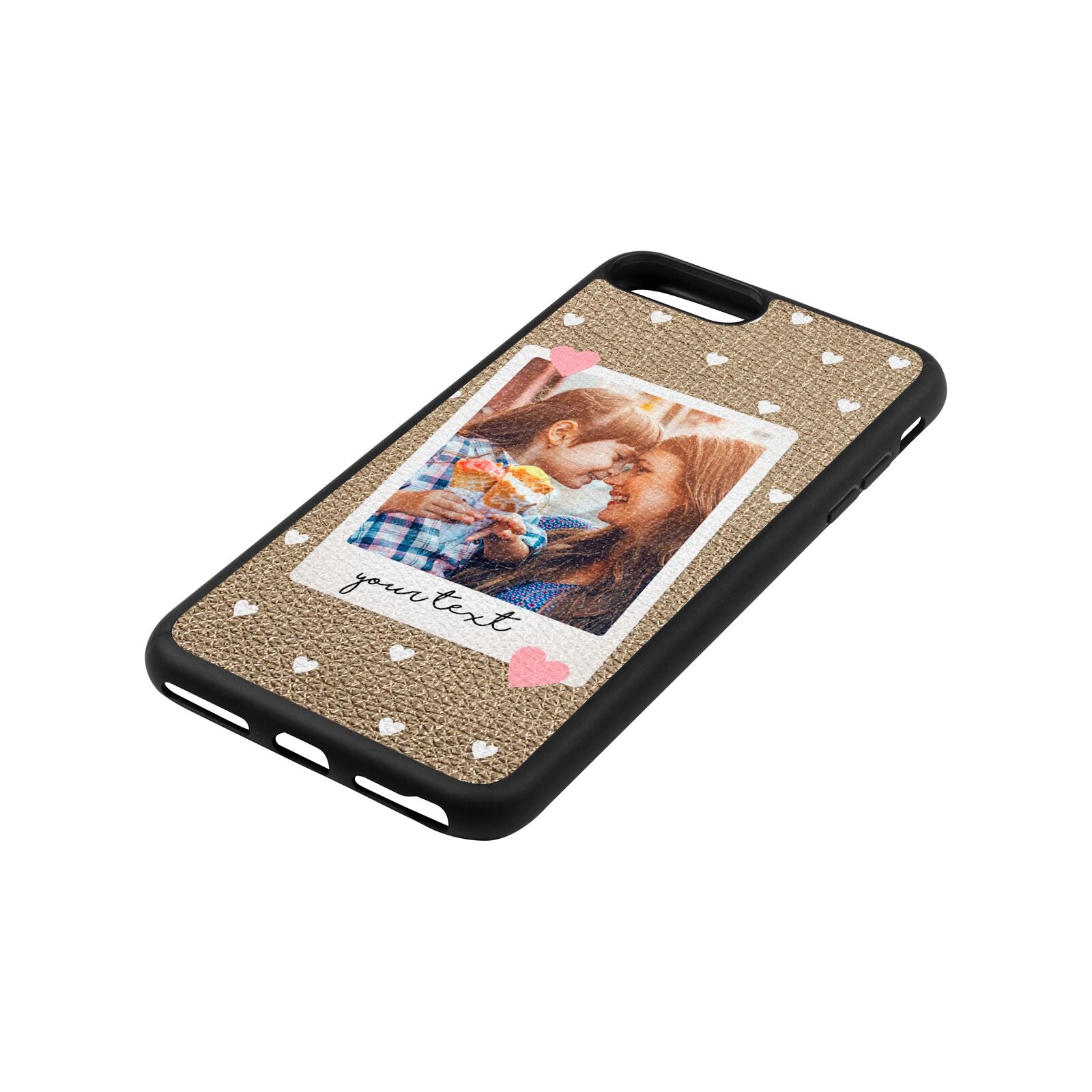 Personalised Photo Love Hearts Gold Pebble Leather iPhone 8 Plus Case Side Angle