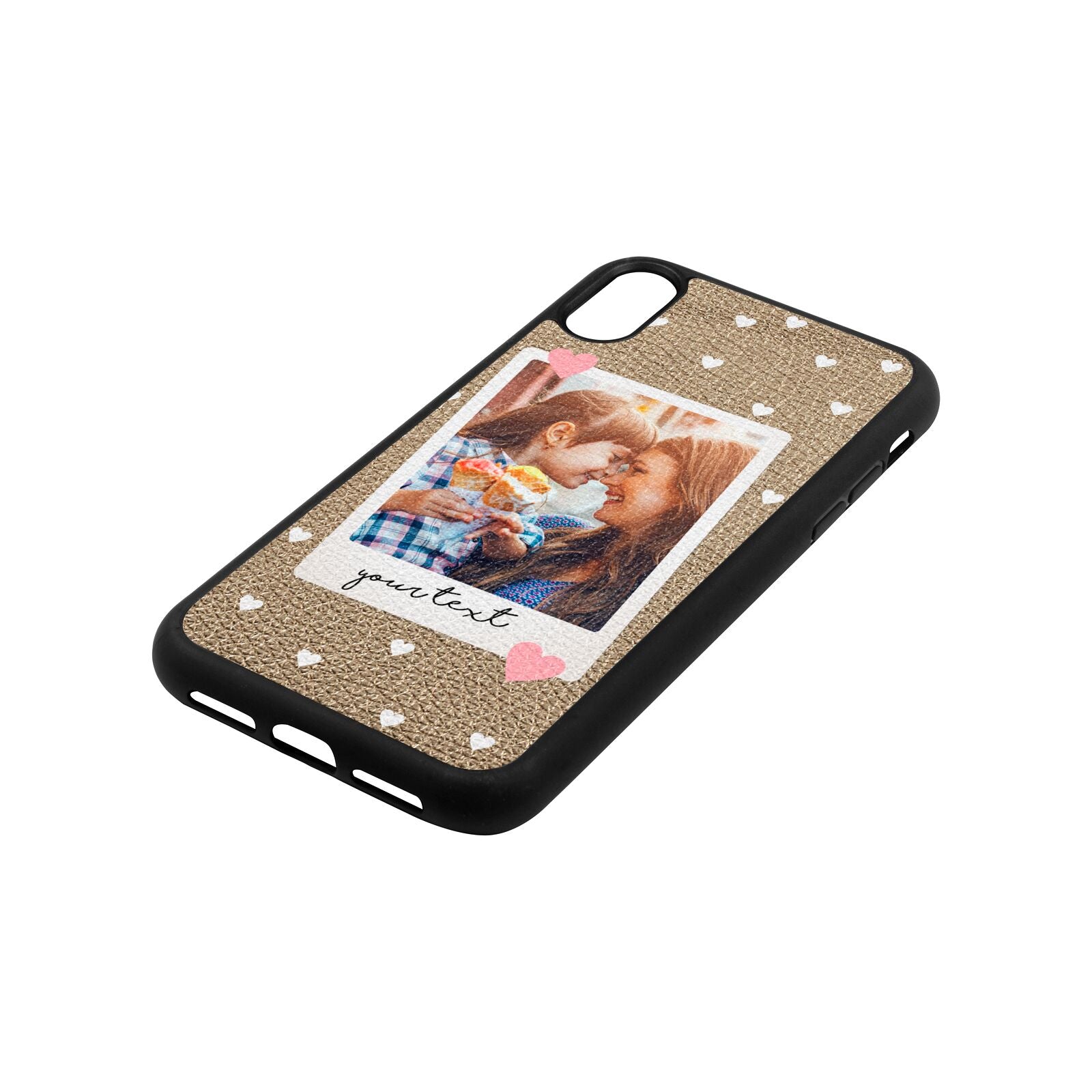 Personalised Photo Love Hearts Gold Pebble Leather iPhone Xr Case Side Angle
