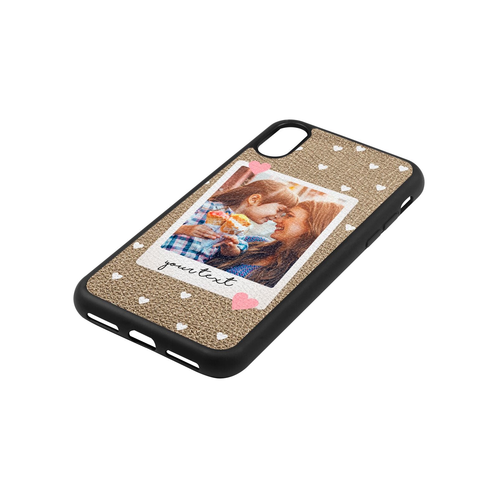 Personalised Photo Love Hearts Gold Pebble Leather iPhone Xs Case Side Angle