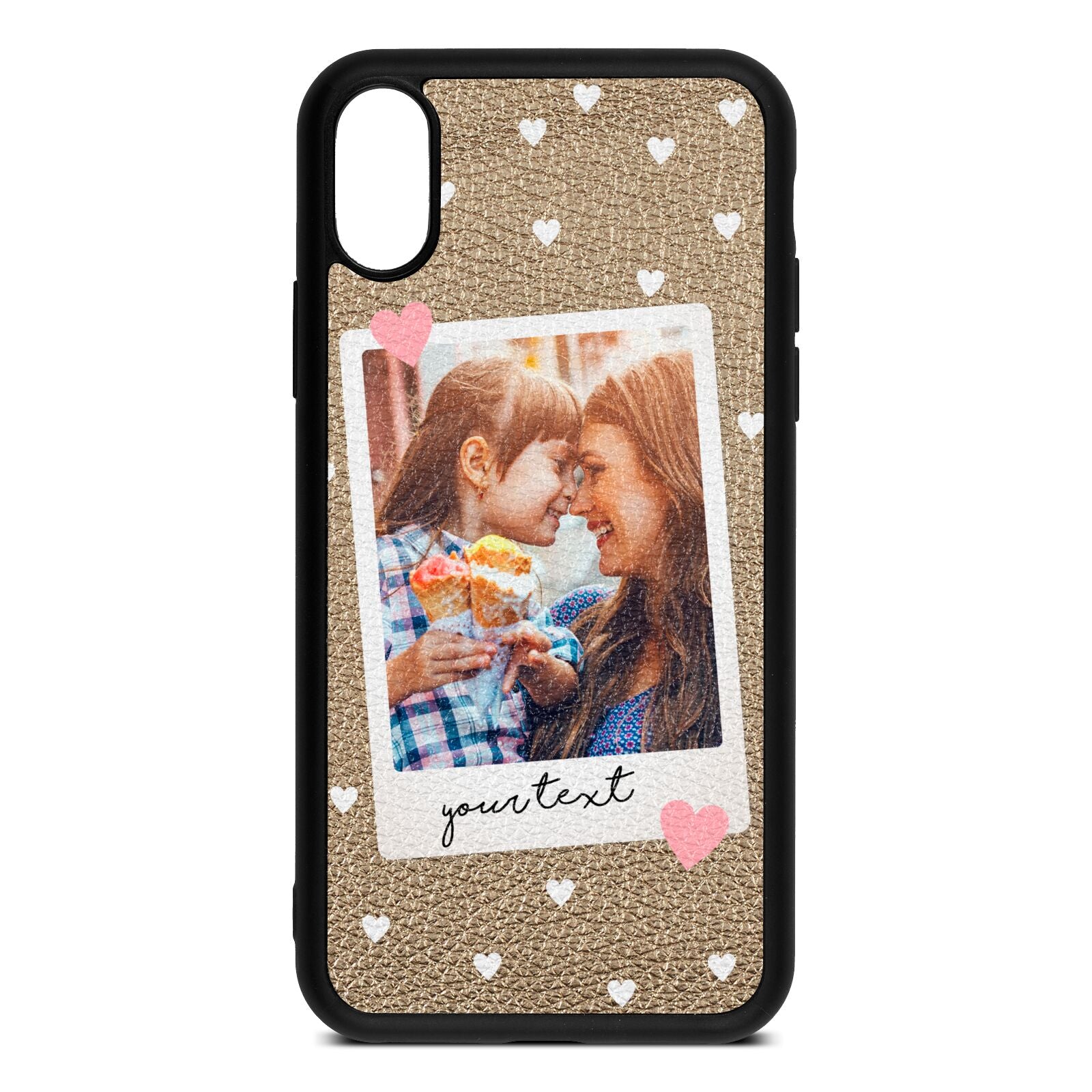 Personalised Photo Love Hearts Gold Pebble Leather iPhone Xs Case