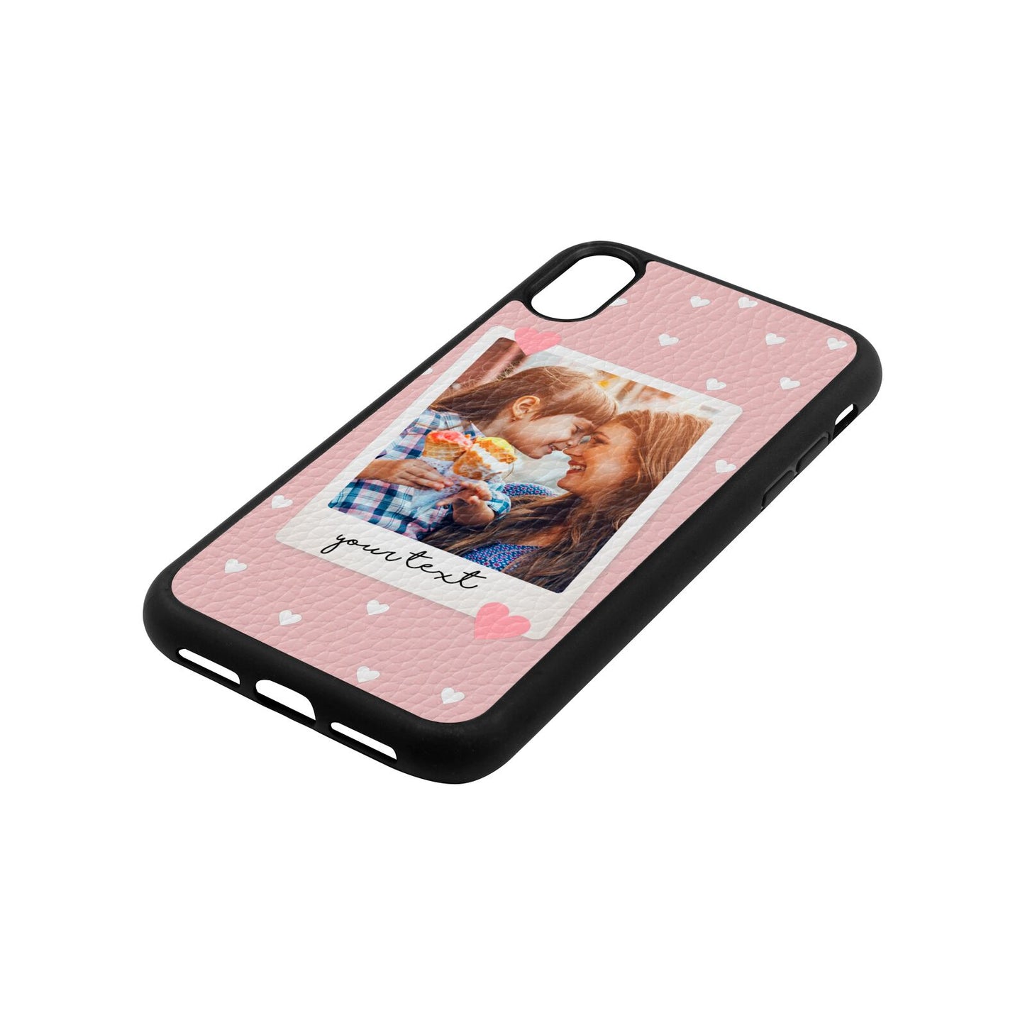 Personalised Photo Love Hearts Pink Pebble Leather iPhone Xr Case Side Angle