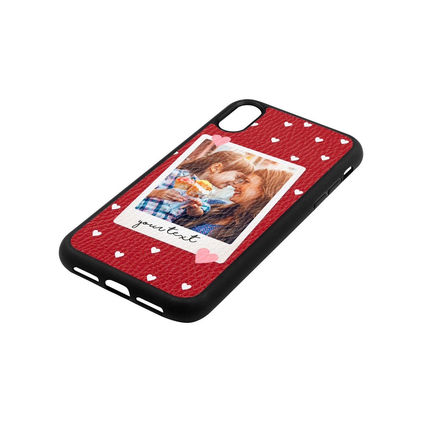 Personalised Photo Love Hearts Red Pebble Leather iPhone Xr Case Side Angle