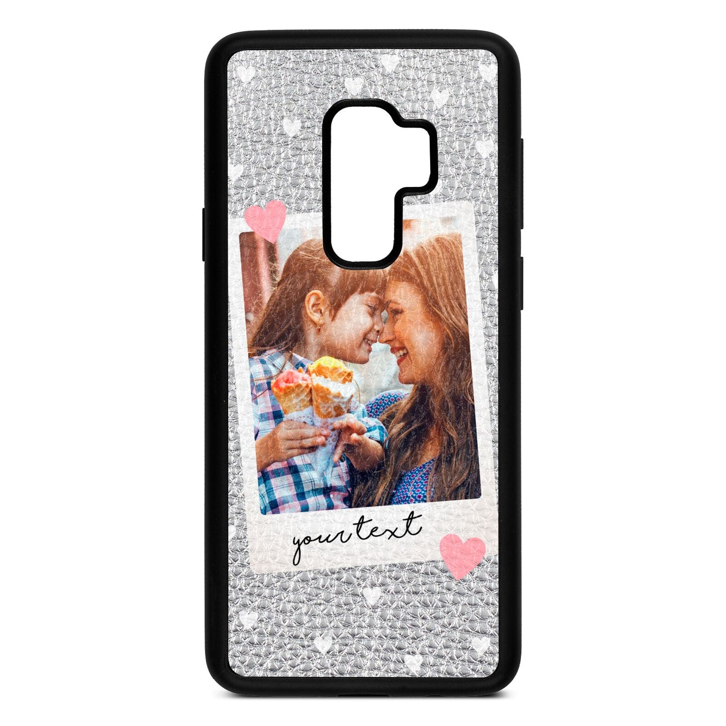 Personalised Photo Love Hearts Silver Pebble Leather Samsung S9 Plus Case