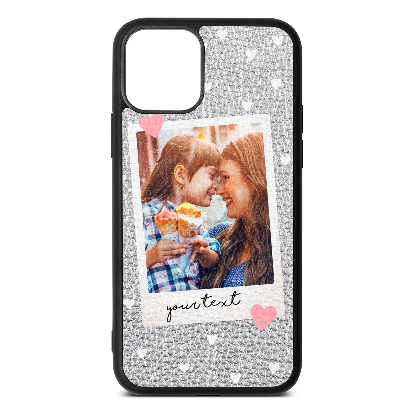 Personalised Photo Love Hearts Silver Pebble Leather iPhone 11 Pro Case