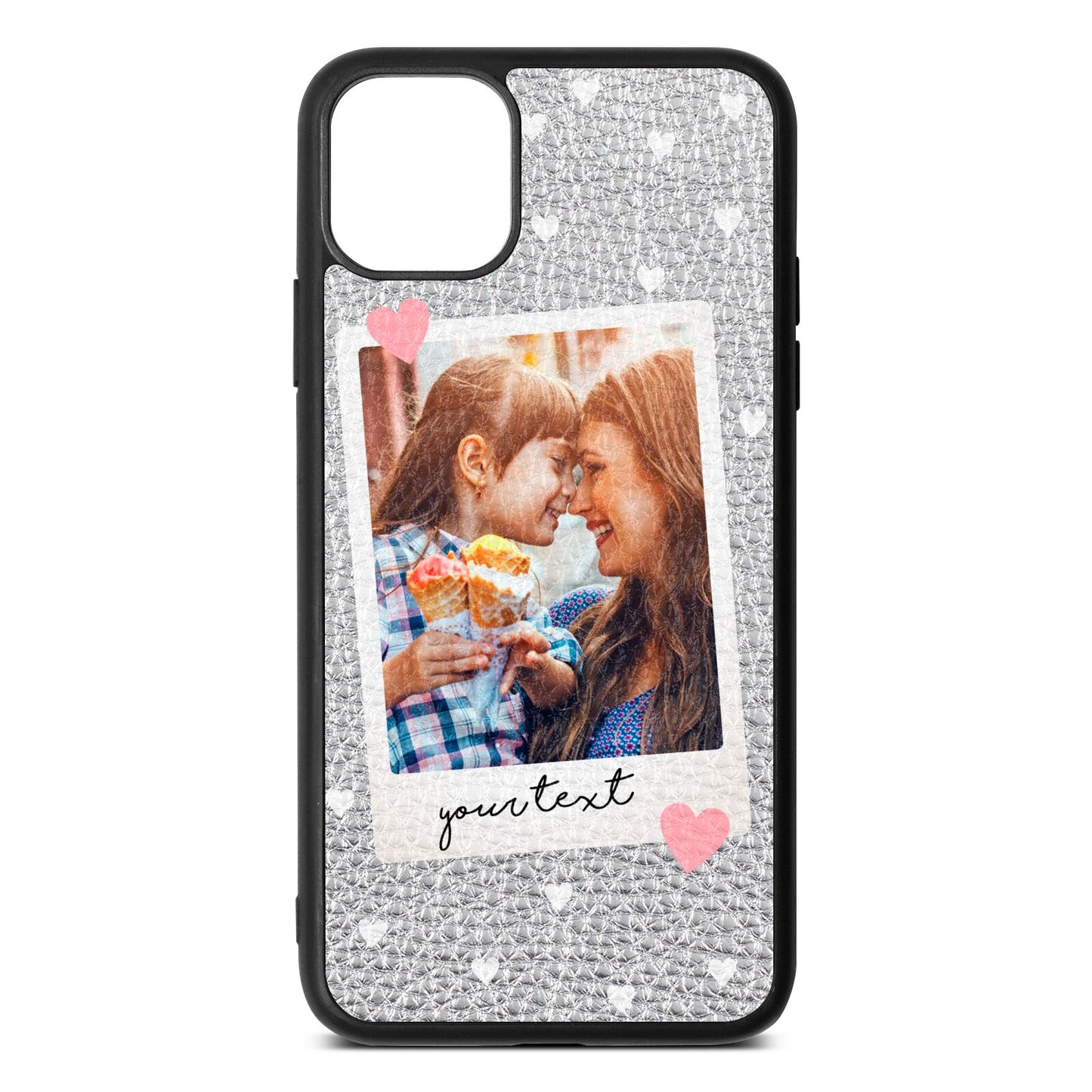 Personalised Photo Love Hearts Silver Pebble Leather iPhone 11 Pro Max Case