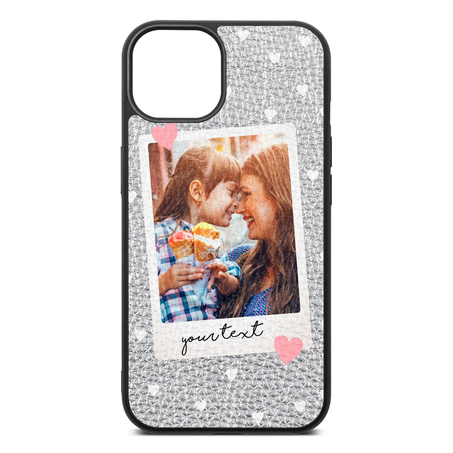 Personalised Photo Love Hearts Silver Pebble Leather iPhone 13 Case