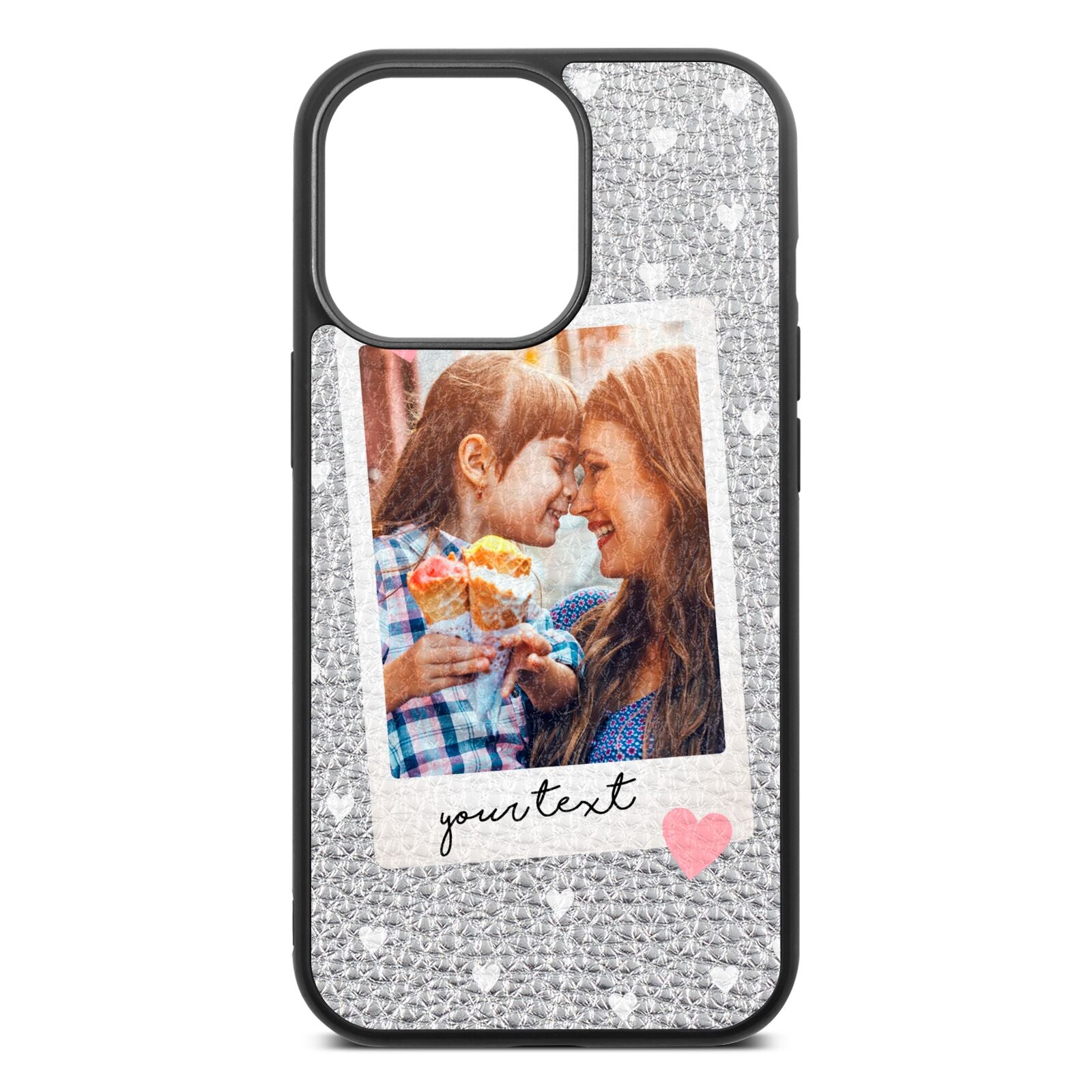 Personalised Photo Love Hearts Silver Pebble Leather iPhone 13 Pro Case