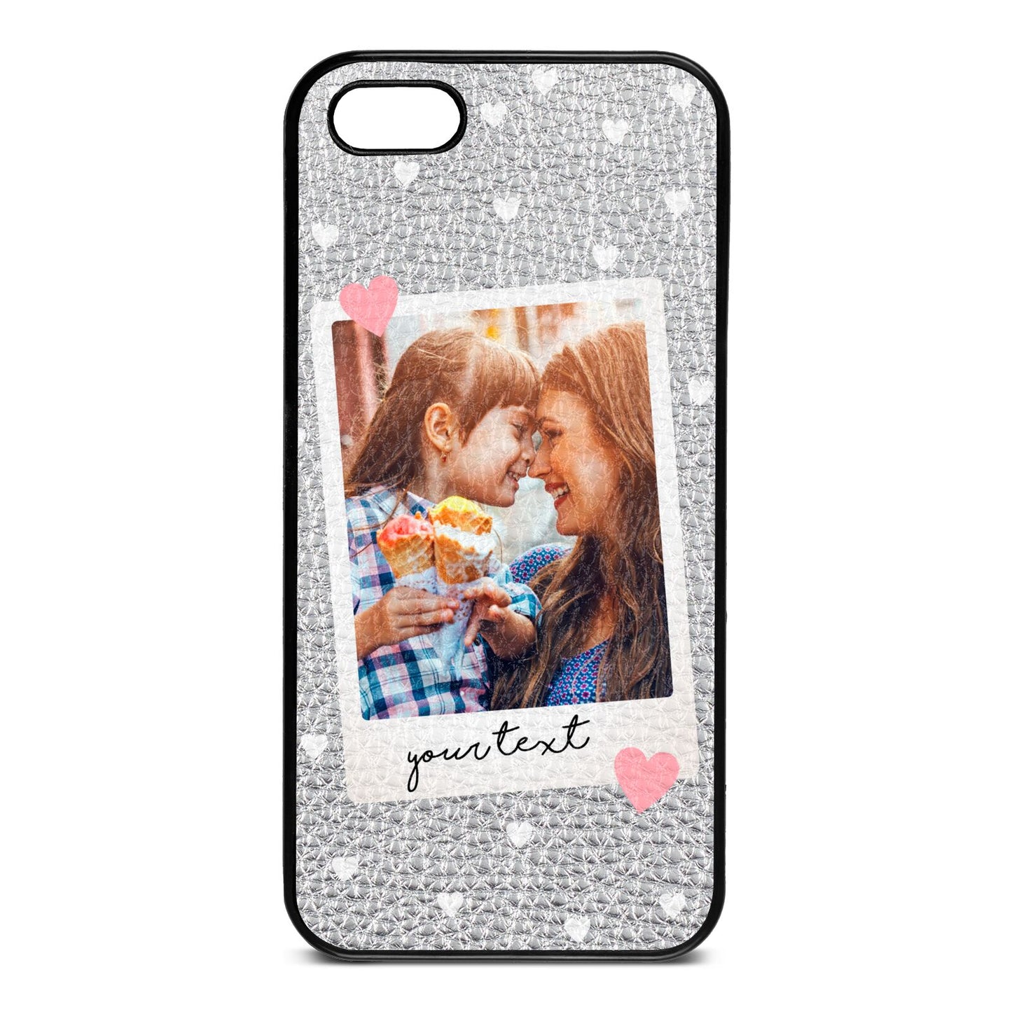 Personalised Photo Love Hearts Silver Pebble Leather iPhone 5 Case