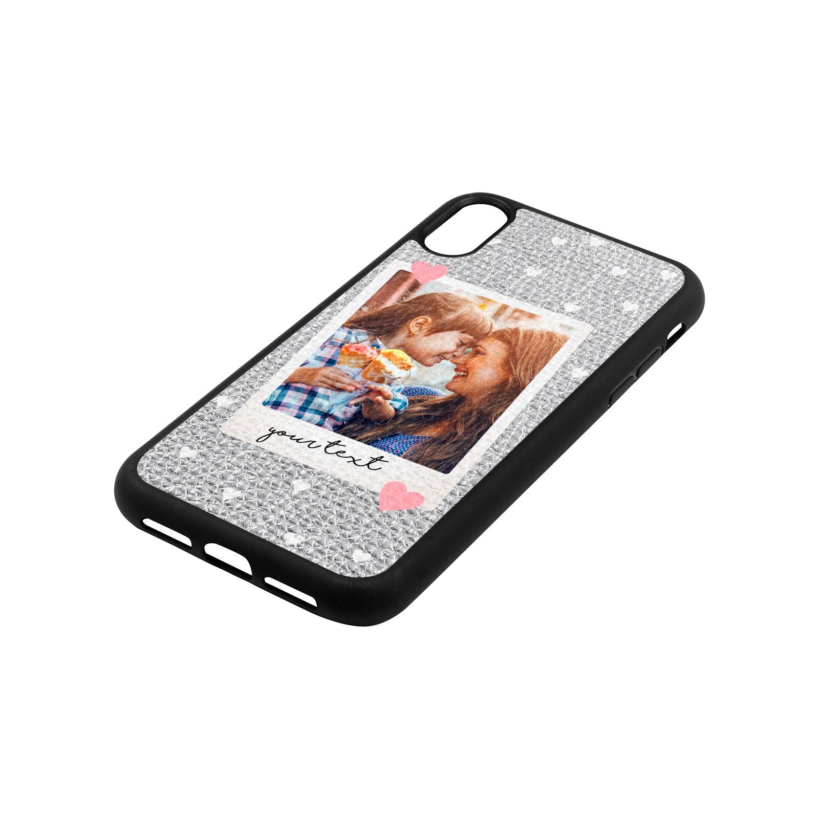 Personalised Photo Love Hearts Silver Pebble Leather iPhone Xr Case Side Angle