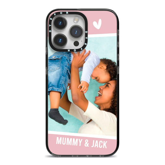 Personalised Photo Mummy and Child iPhone 14 Pro Max Black Impact Case on Silver phone