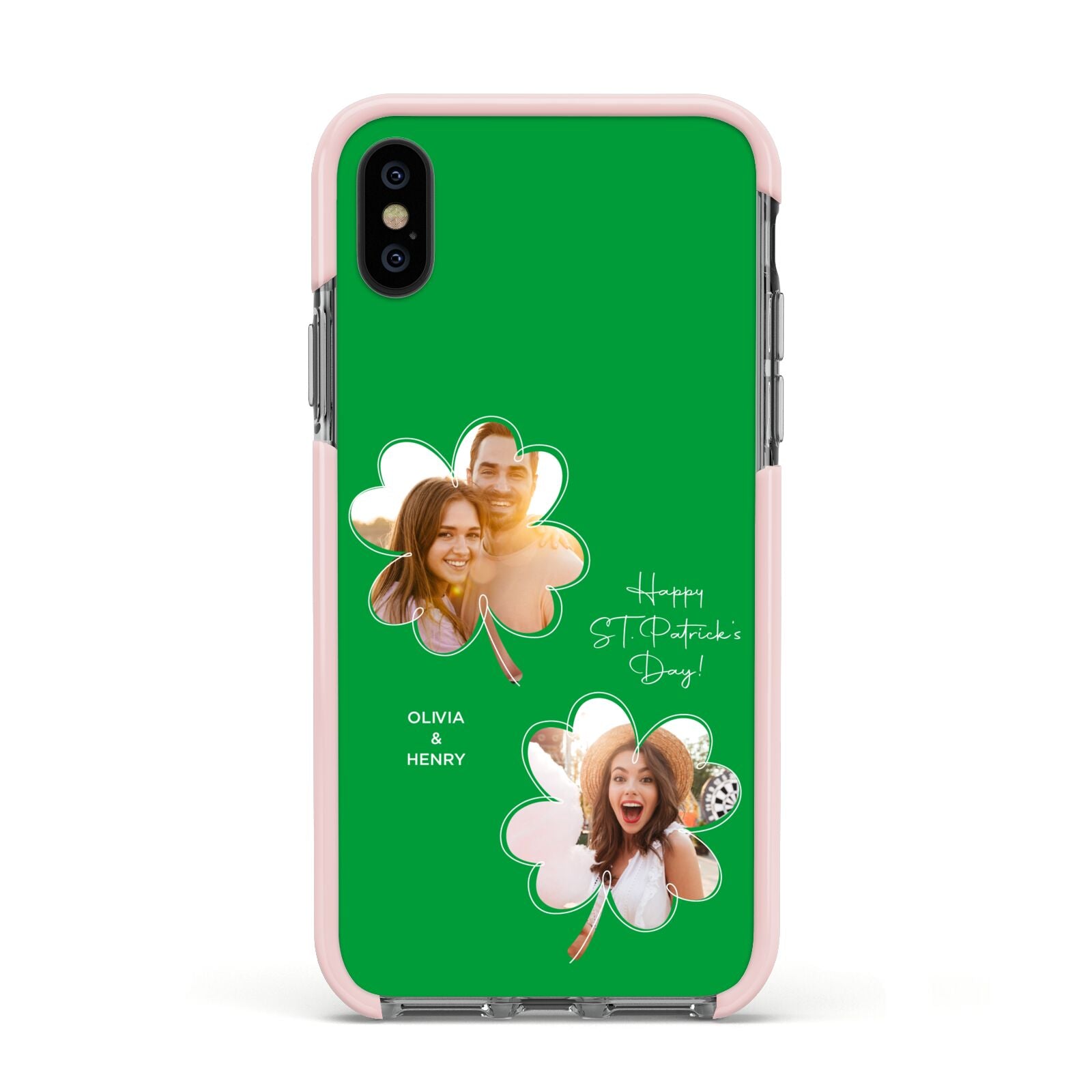 Personalised Photo St Patricks Day Apple iPhone Xs Impact Case Pink Edge on Black Phone