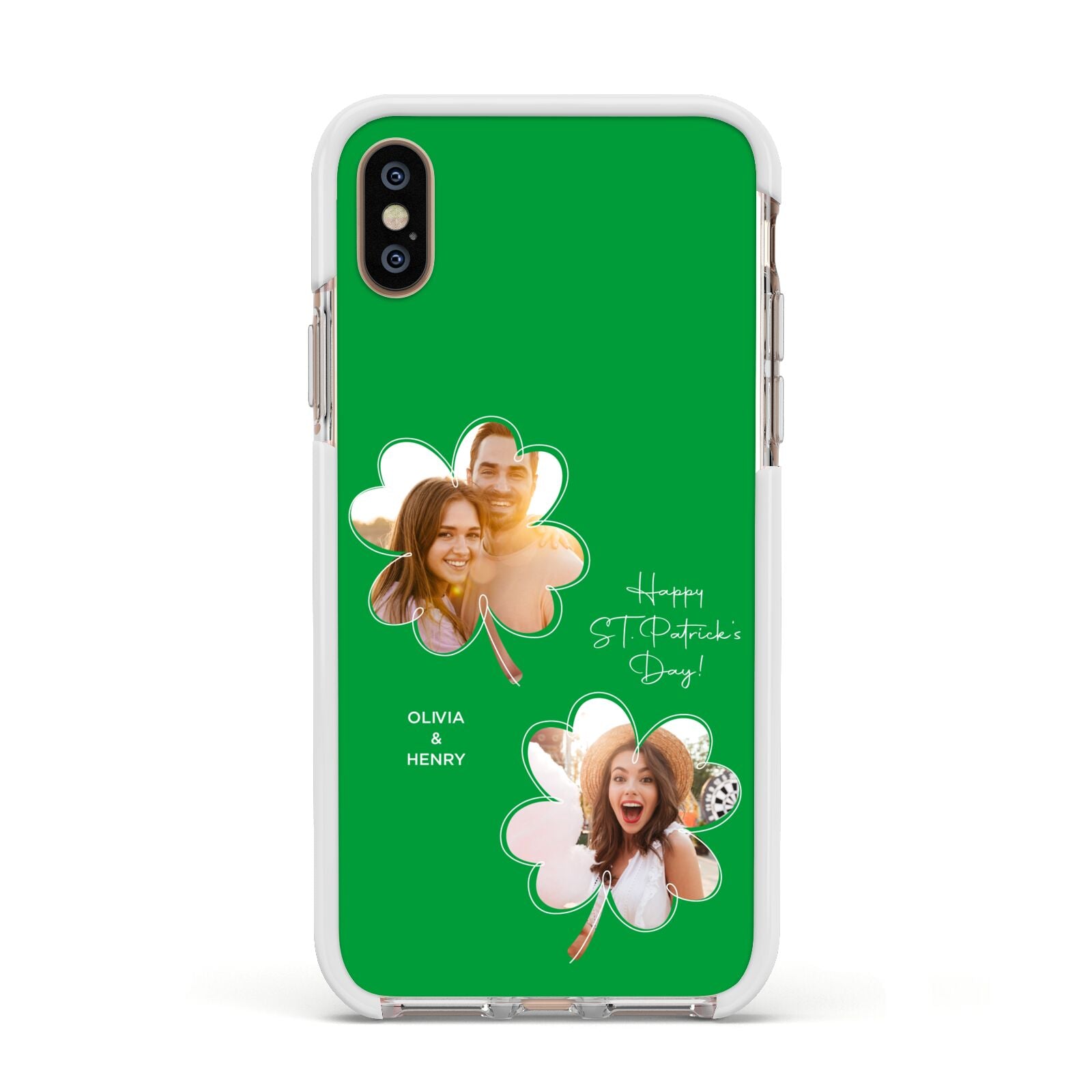 Personalised Photo St Patricks Day Apple iPhone Xs Impact Case White Edge on Gold Phone