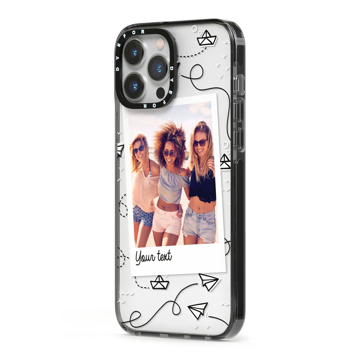 Personalised Photo Travel iPhone 13 Pro Max Black Impact Case Side Angle on Silver phone