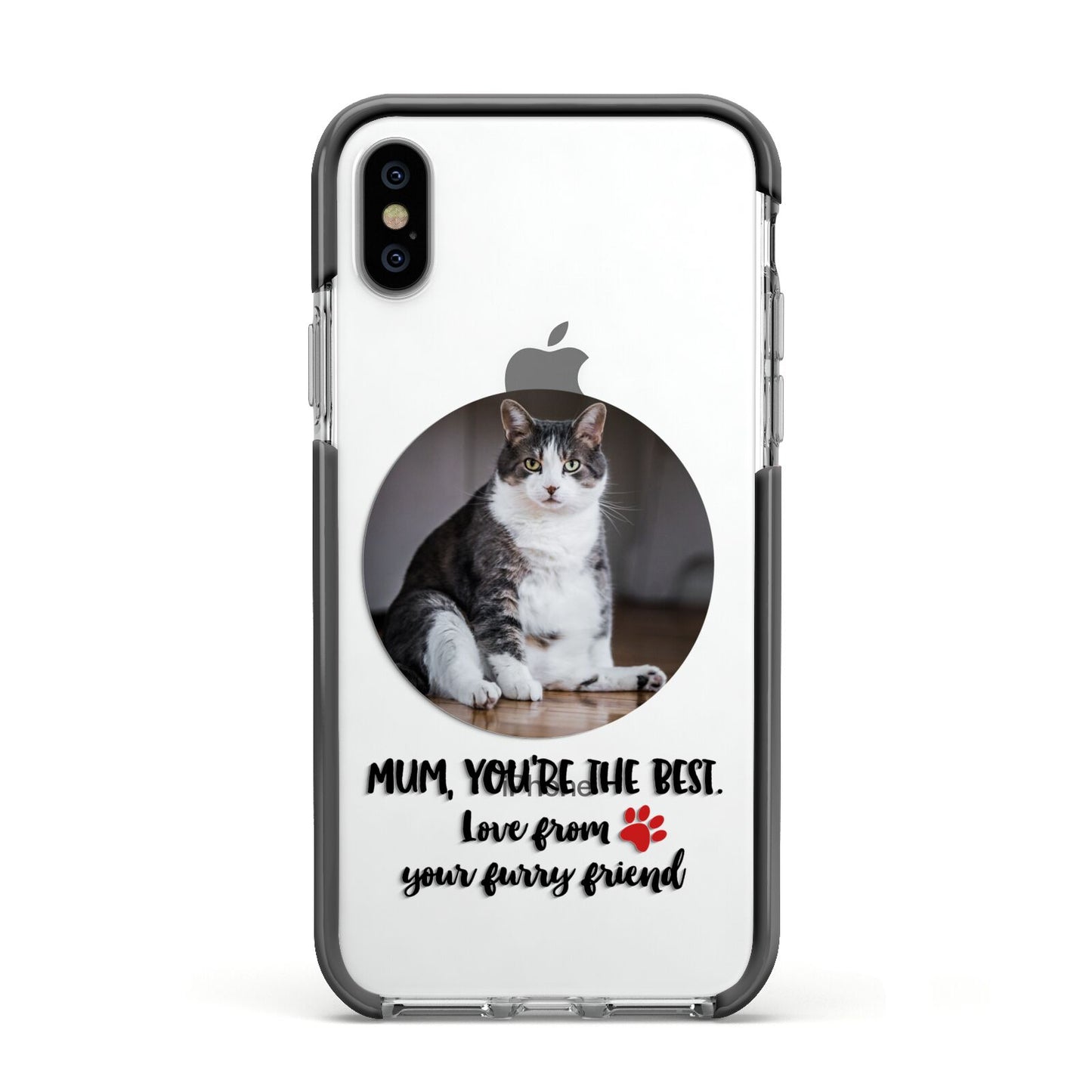 Personalised Photo Upload Cat Mum Apple iPhone Xs Impact Case Black Edge on Silver Phone