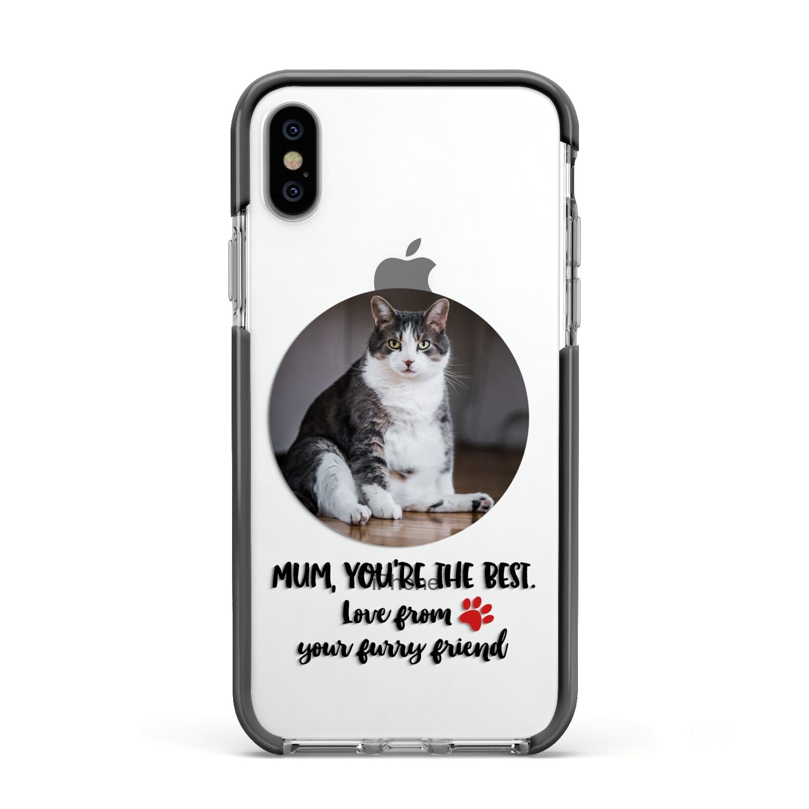 Personalised Photo Upload Cat Mum Apple iPhone Xs Impact Case Black Edge on Silver Phone