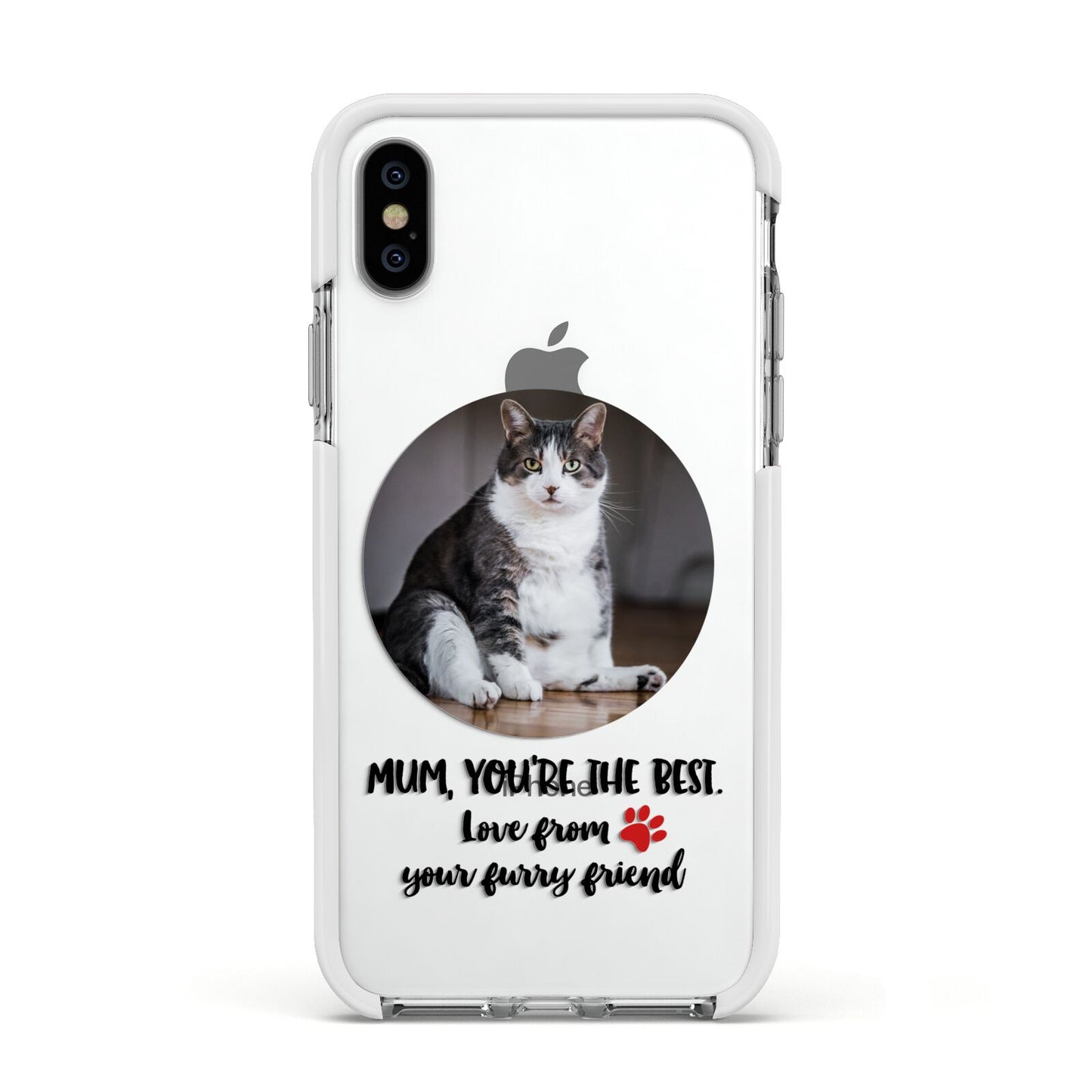 Personalised Photo Upload Cat Mum Apple iPhone Xs Impact Case White Edge on Silver Phone