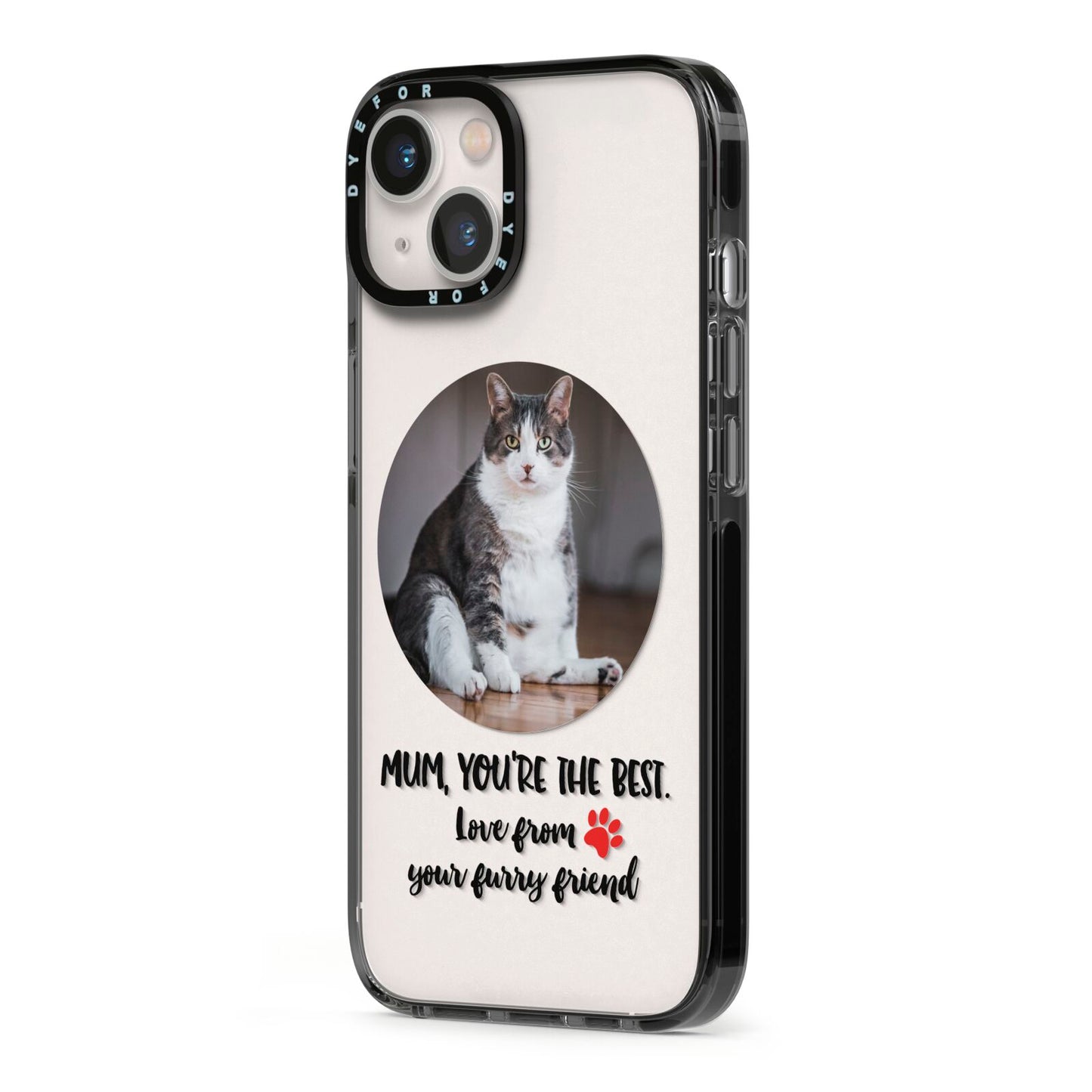 Personalised Photo Upload Cat Mum iPhone 13 Black Impact Case Side Angle on Silver phone