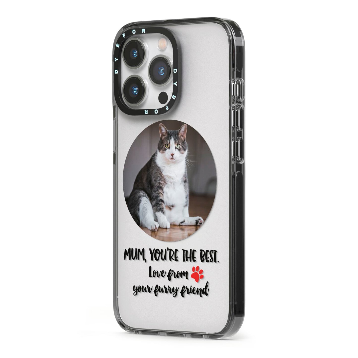 Personalised Photo Upload Cat Mum iPhone 13 Pro Black Impact Case Side Angle on Silver phone