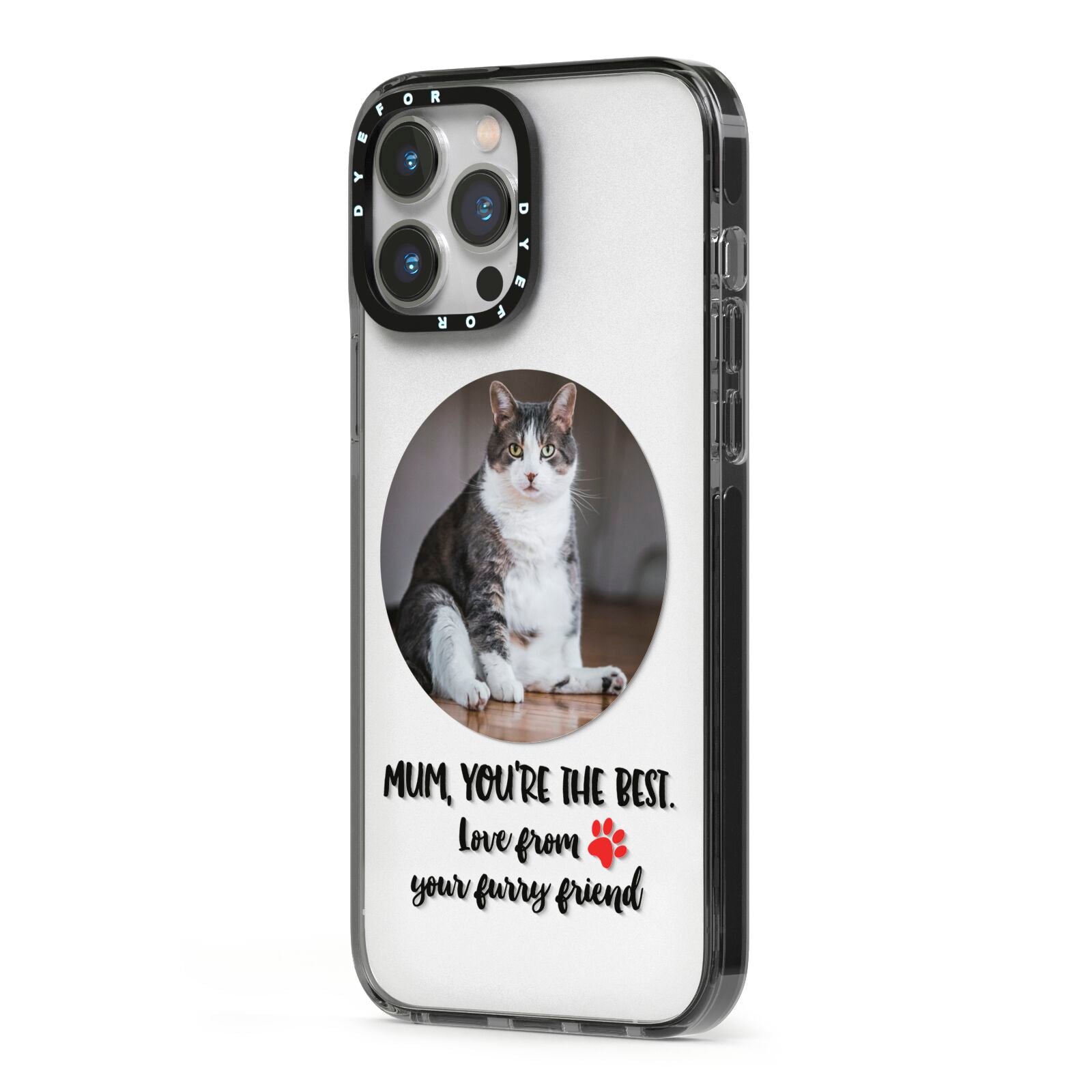 Personalised Photo Upload Cat Mum iPhone 13 Pro Max Black Impact Case Side Angle on Silver phone