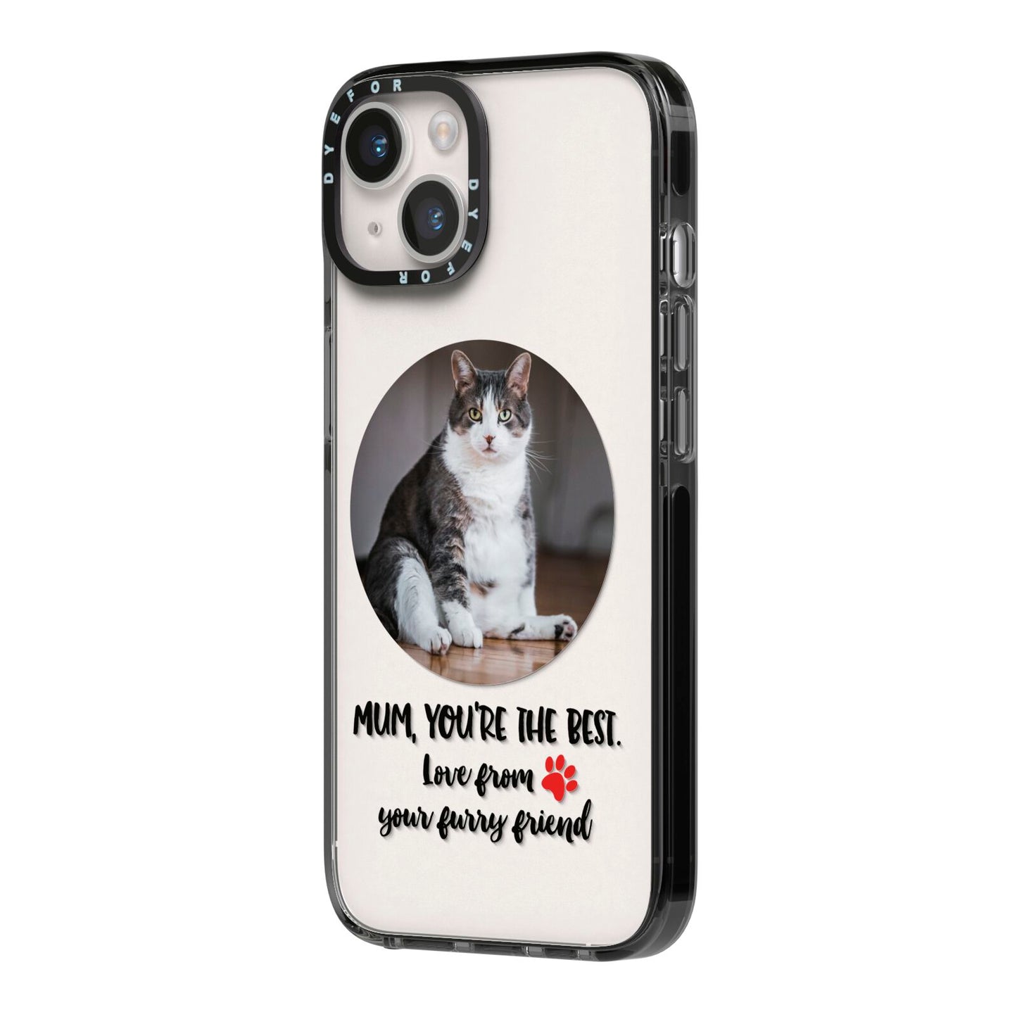 Personalised Photo Upload Cat Mum iPhone 14 Black Impact Case Side Angle on Silver phone