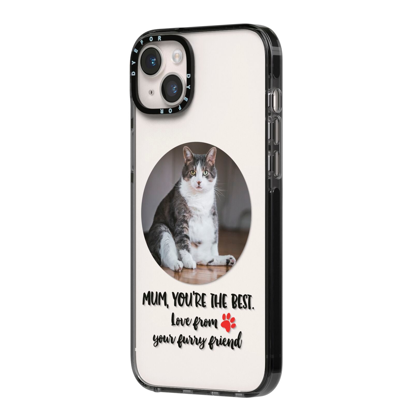 Personalised Photo Upload Cat Mum iPhone 14 Plus Black Impact Case Side Angle on Silver phone