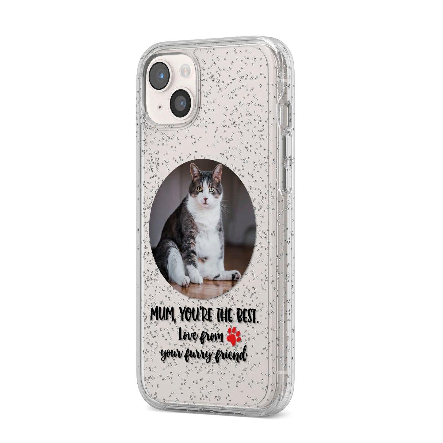 Personalised Photo Upload Cat Mum iPhone 14 Plus Glitter Tough Case Starlight Angled Image