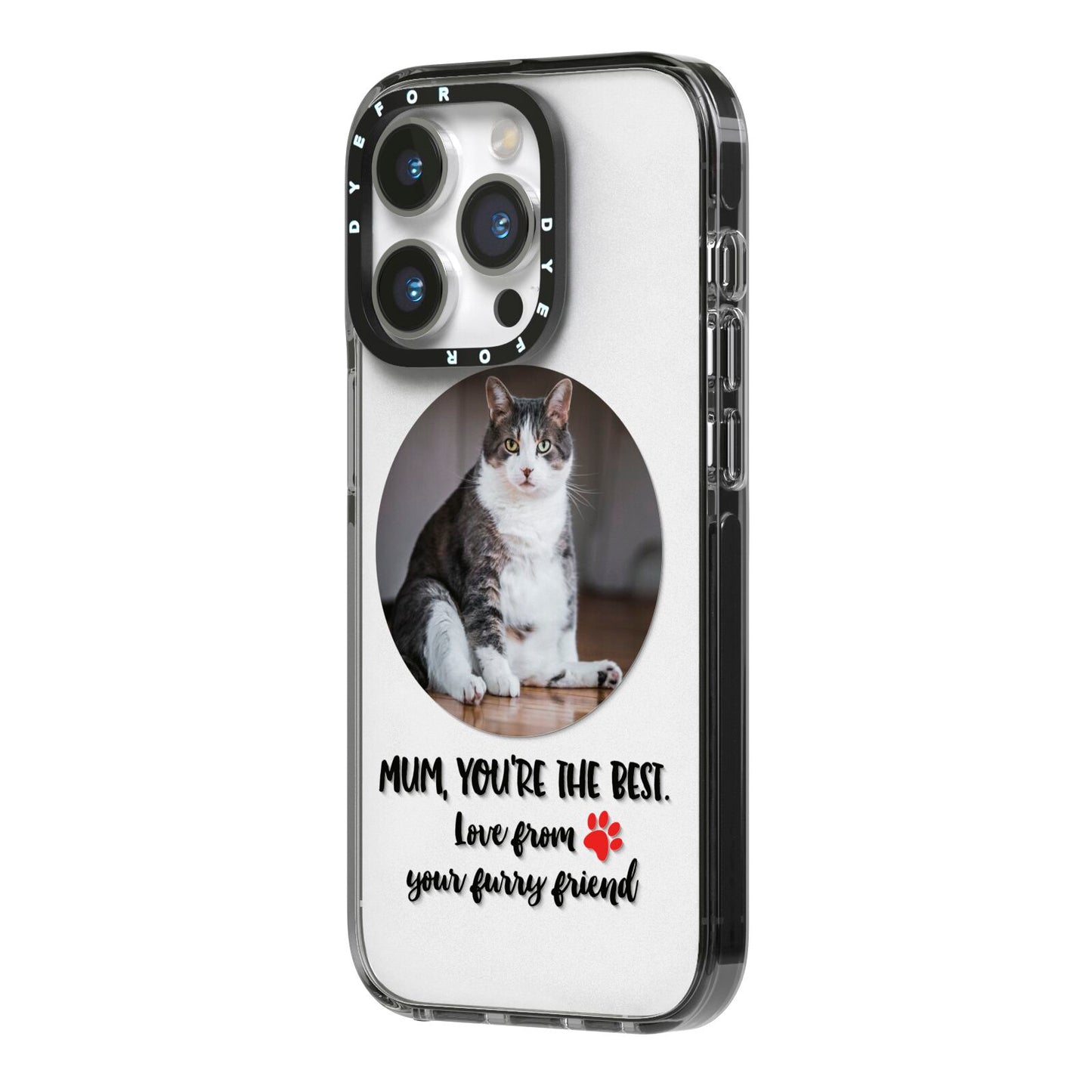 Personalised Photo Upload Cat Mum iPhone 14 Pro Black Impact Case Side Angle on Silver phone