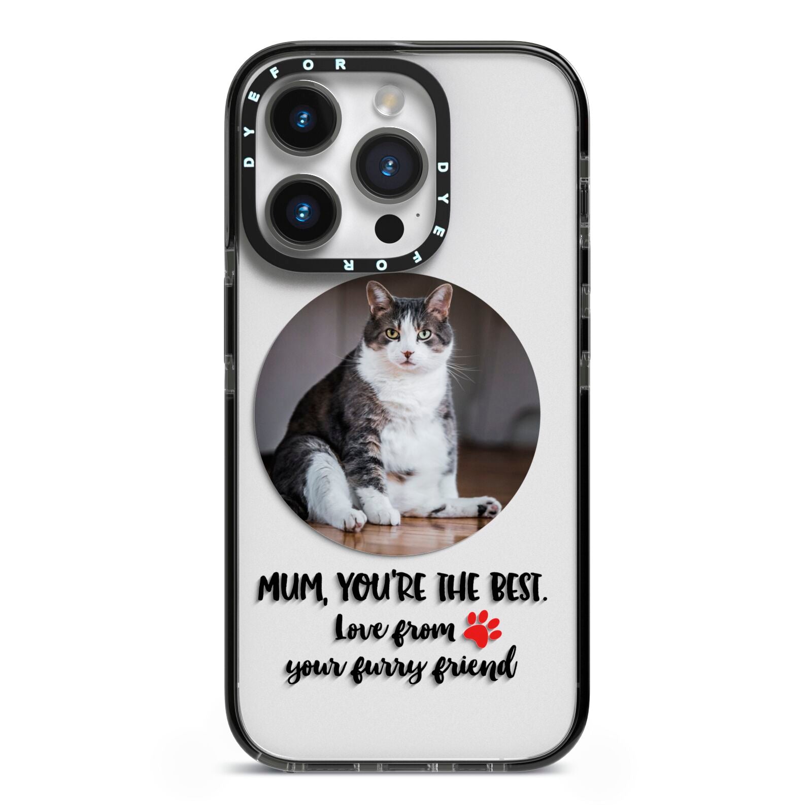 Personalised Photo Upload Cat Mum iPhone 14 Pro Black Impact Case on Silver phone