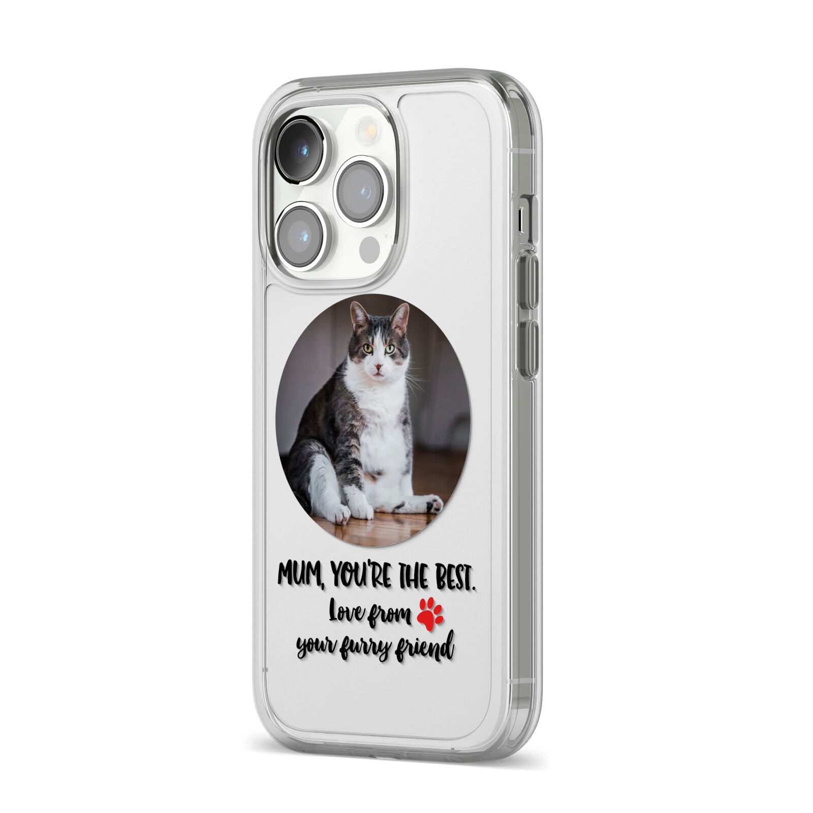 Personalised Photo Upload Cat Mum iPhone 14 Pro Clear Tough Case Silver Angled Image