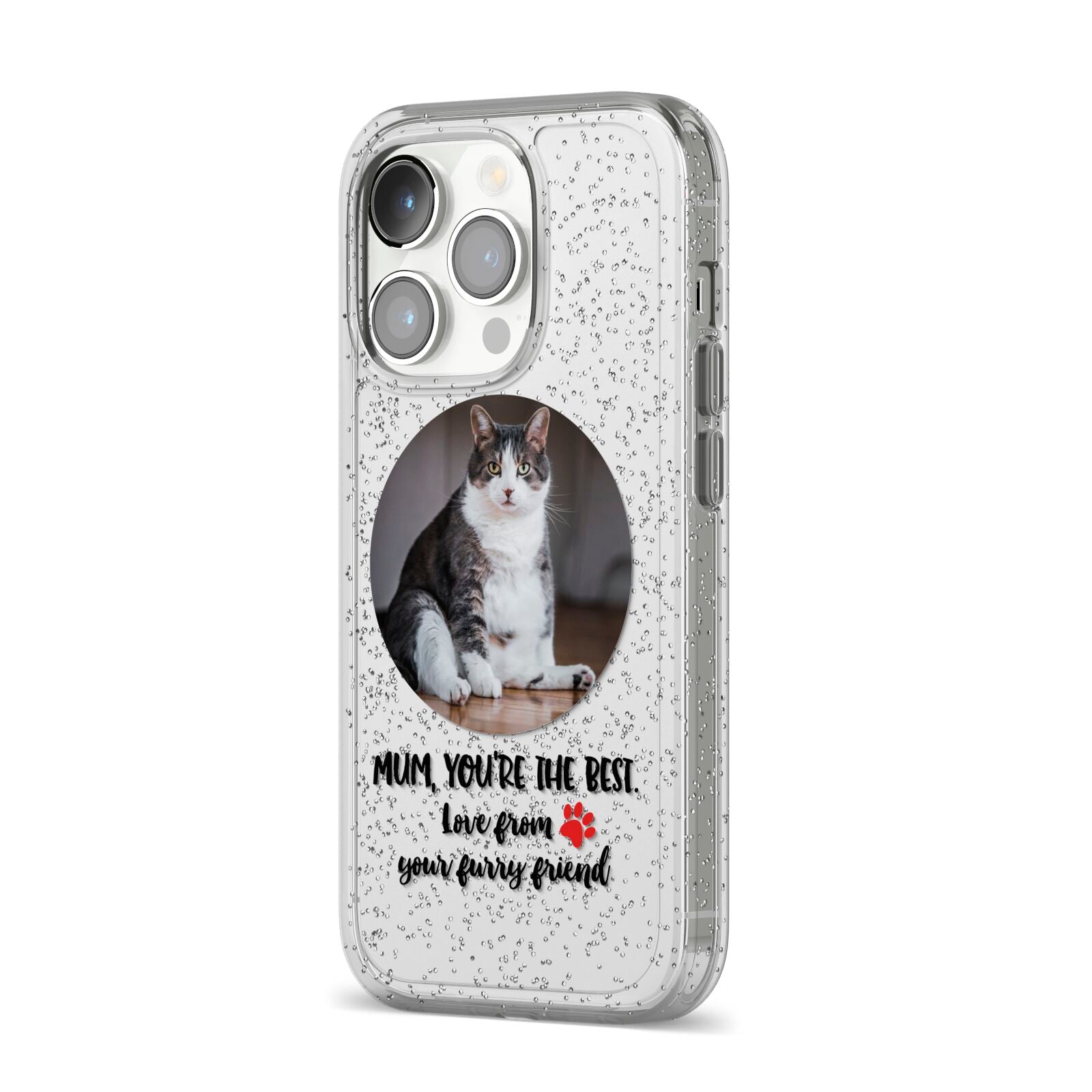 Personalised Photo Upload Cat Mum iPhone 14 Pro Glitter Tough Case Silver Angled Image