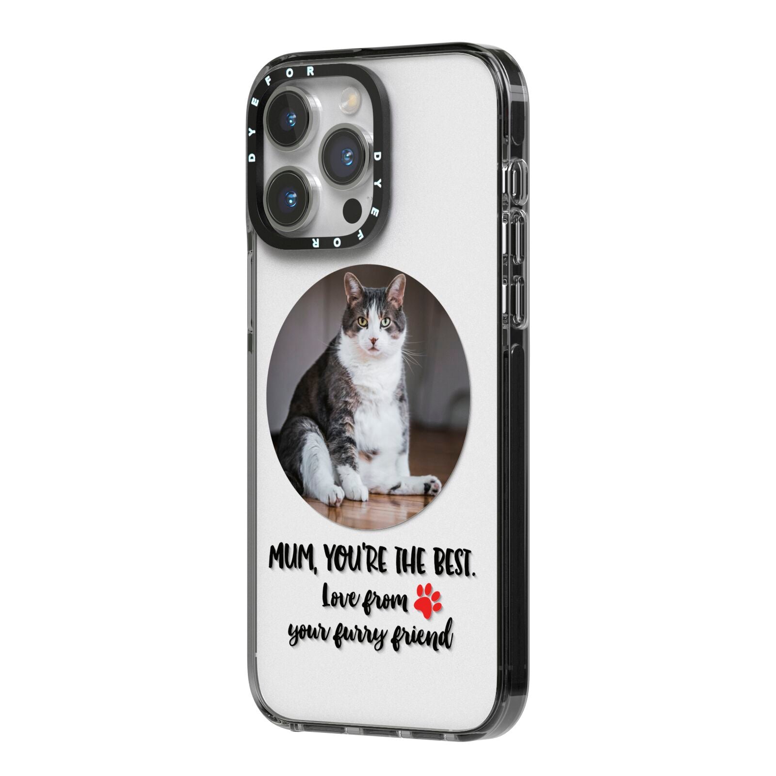 Personalised Photo Upload Cat Mum iPhone 14 Pro Max Black Impact Case Side Angle on Silver phone