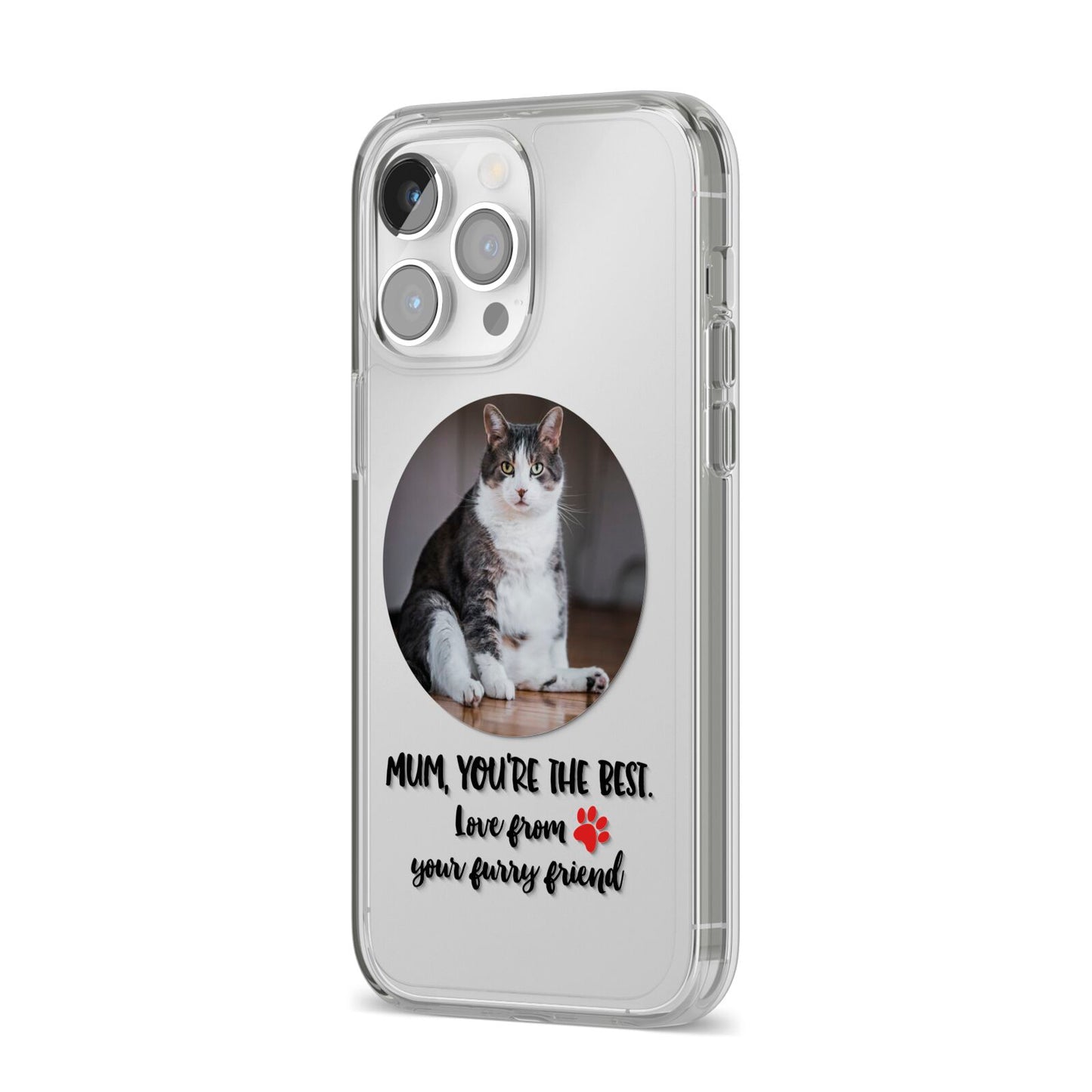 Personalised Photo Upload Cat Mum iPhone 14 Pro Max Clear Tough Case Silver Angled Image