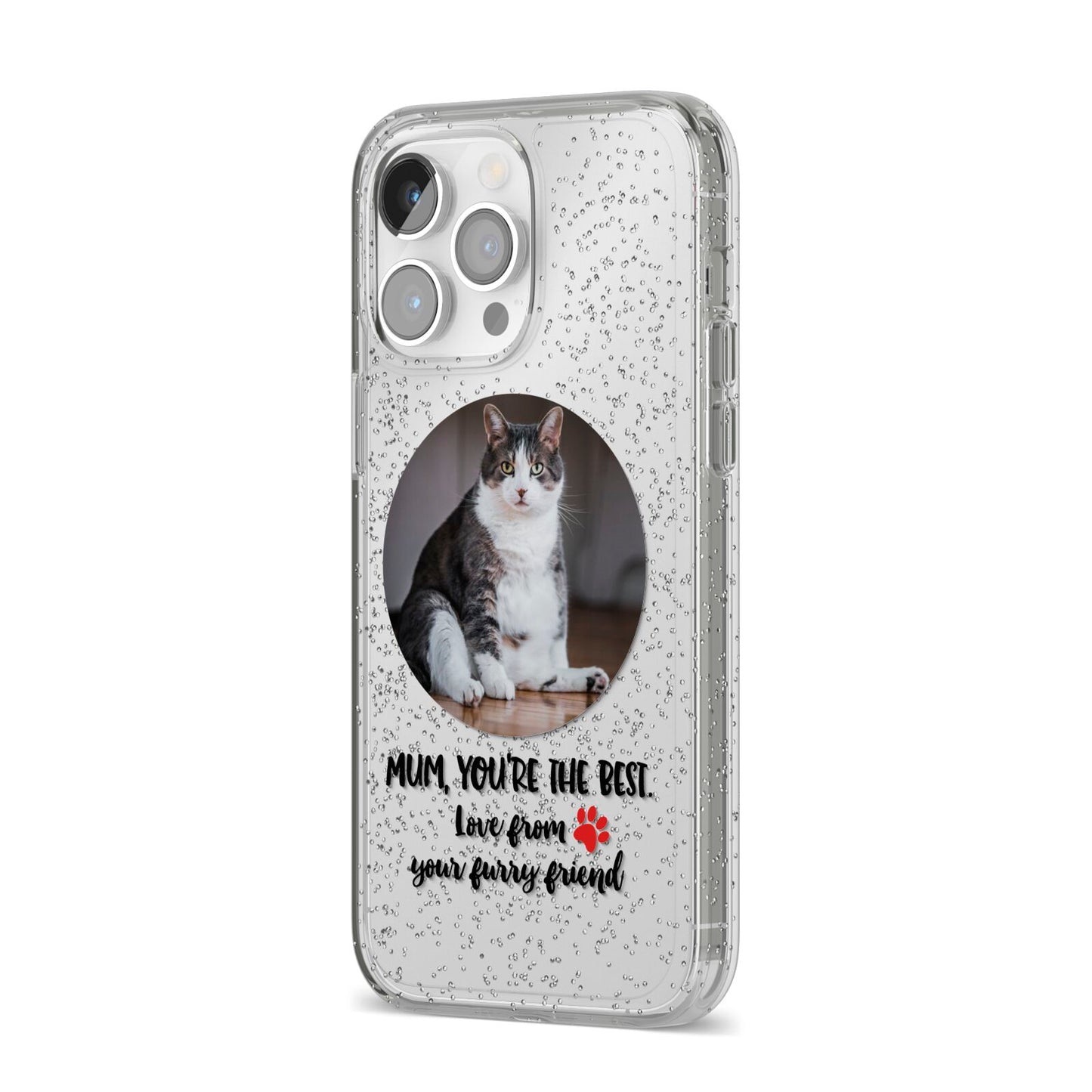 Personalised Photo Upload Cat Mum iPhone 14 Pro Max Glitter Tough Case Silver Angled Image