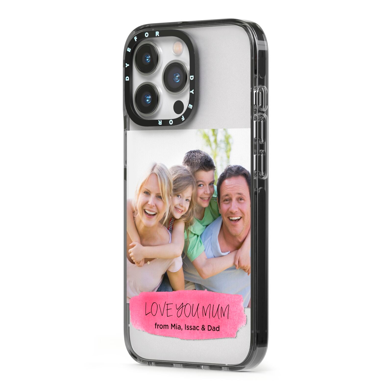 Personalised Photo Upload Mothers Day iPhone 13 Pro Black Impact Case Side Angle on Silver phone