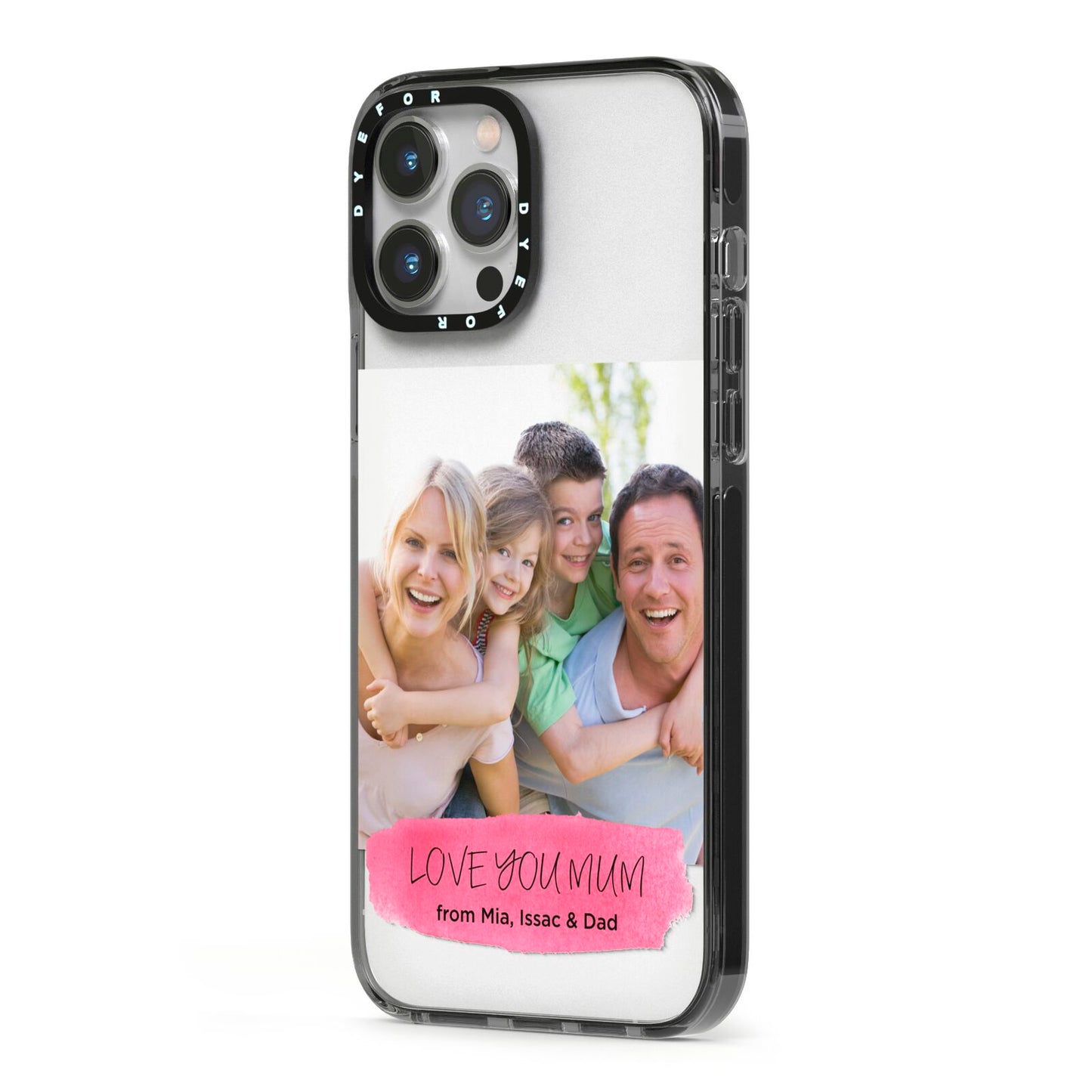 Personalised Photo Upload Mothers Day iPhone 13 Pro Max Black Impact Case Side Angle on Silver phone