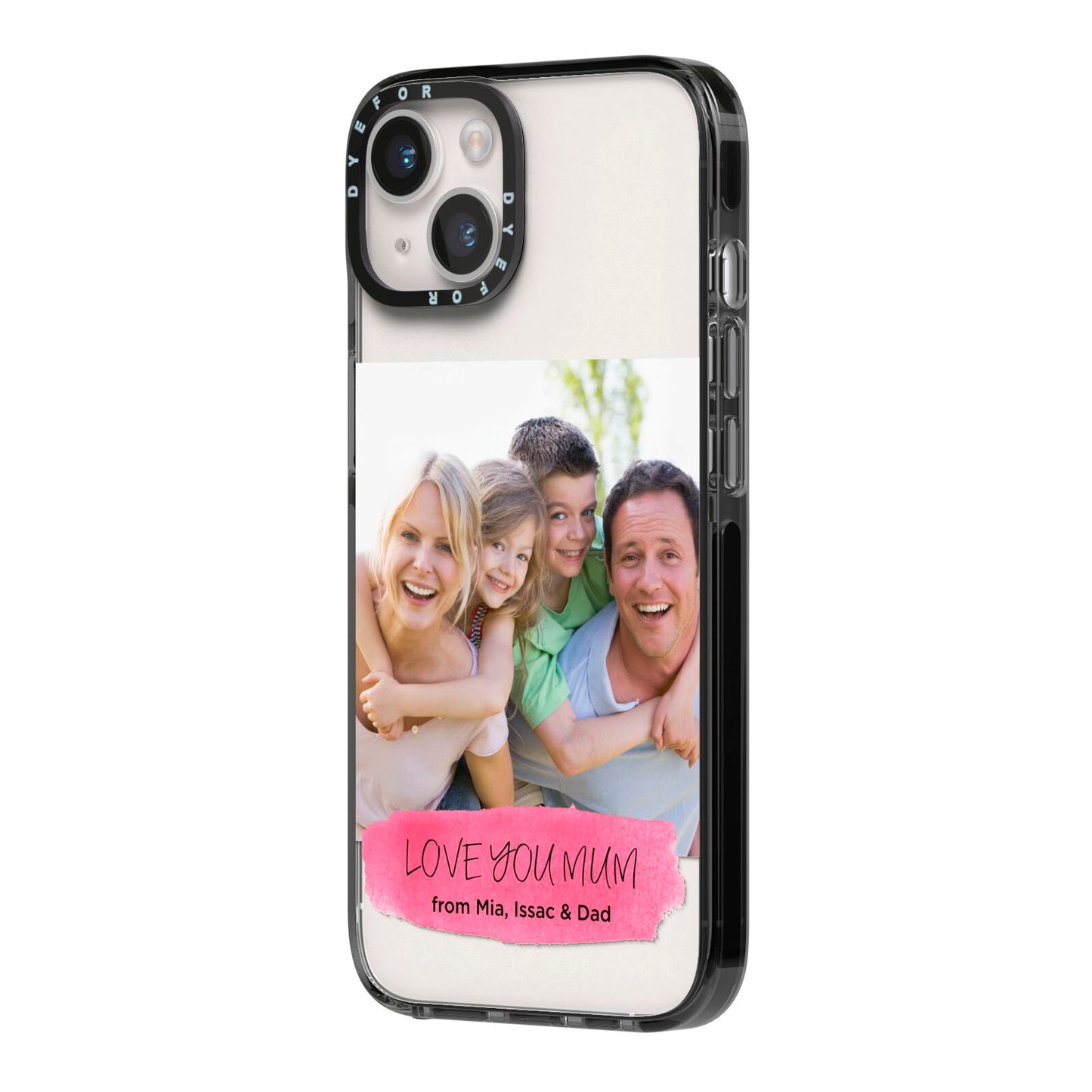 Personalised Photo Upload Mothers Day iPhone 14 Black Impact Case Side Angle on Silver phone