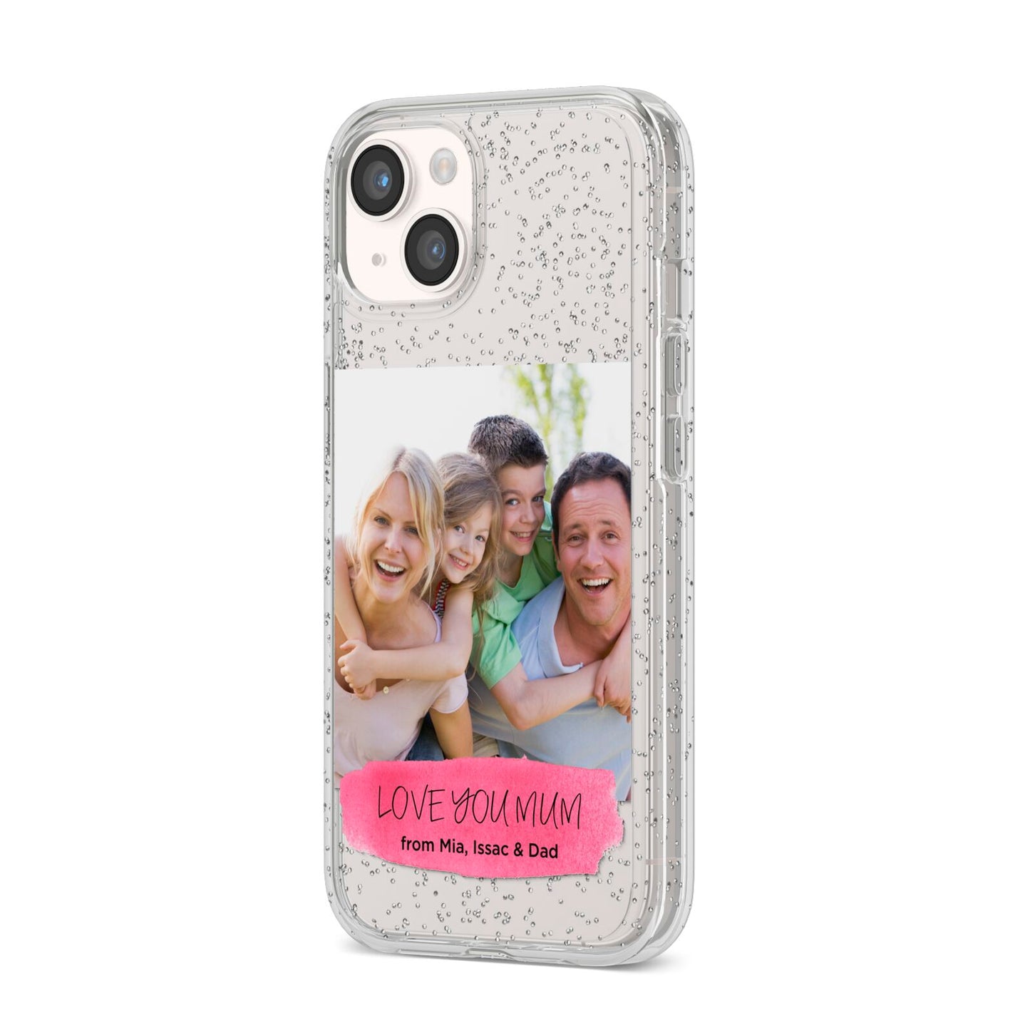 Personalised Photo Upload Mothers Day iPhone 14 Glitter Tough Case Starlight Angled Image