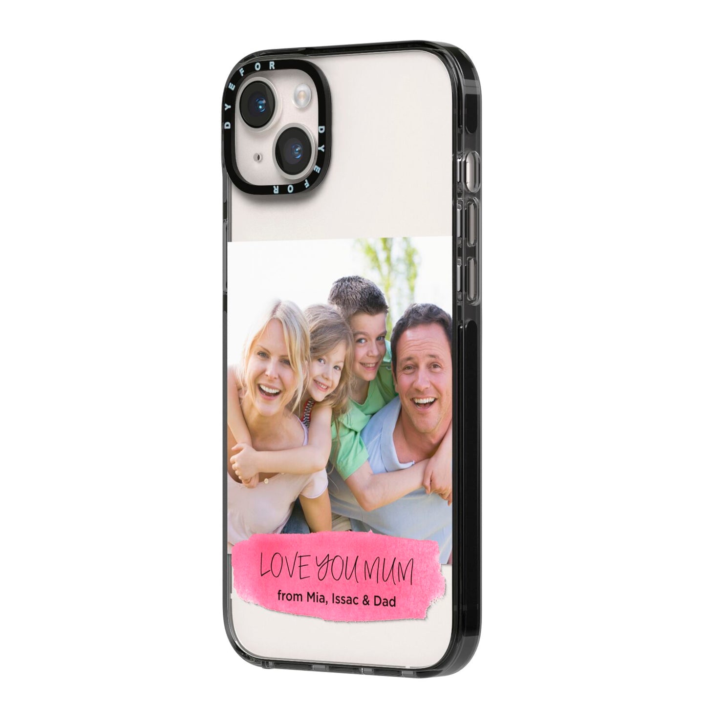 Personalised Photo Upload Mothers Day iPhone 14 Plus Black Impact Case Side Angle on Silver phone