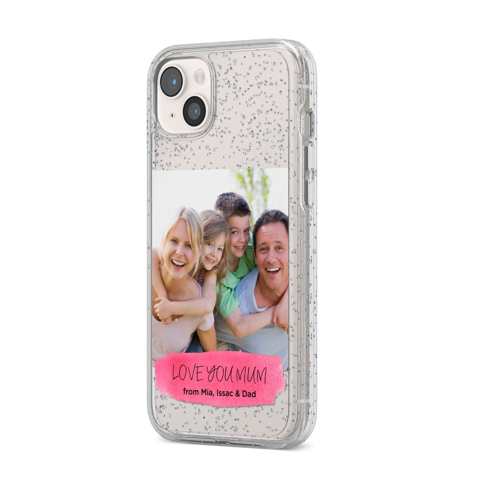 Personalised Photo Upload Mothers Day iPhone 14 Plus Glitter Tough Case Starlight Angled Image