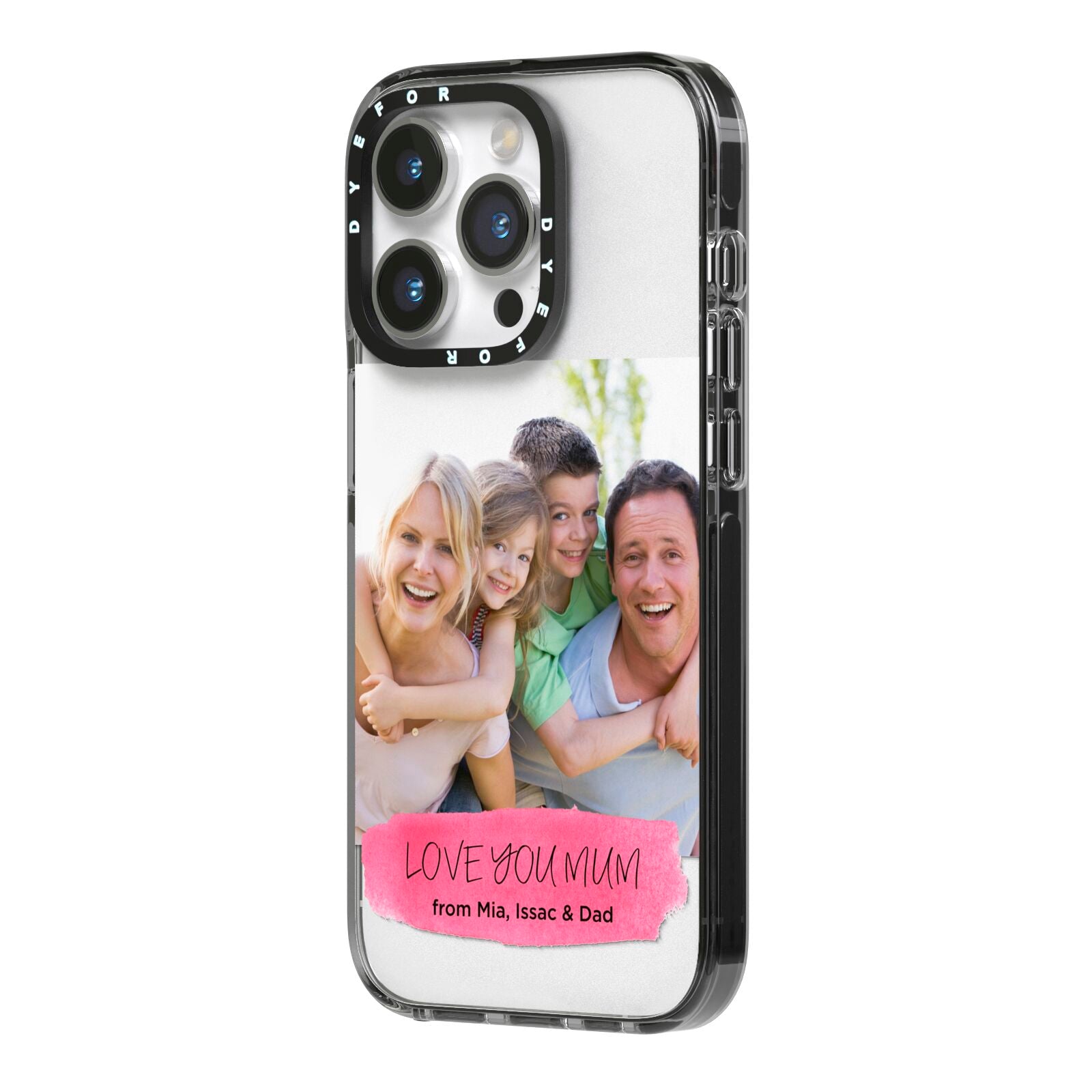 Personalised Photo Upload Mothers Day iPhone 14 Pro Black Impact Case Side Angle on Silver phone