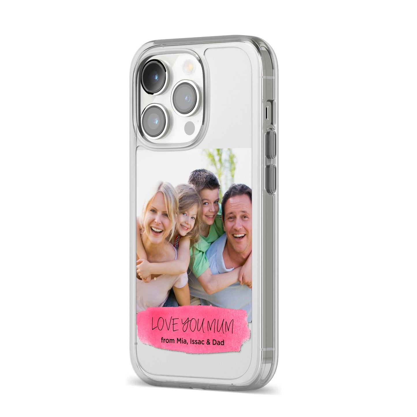 Personalised Photo Upload Mothers Day iPhone 14 Pro Clear Tough Case Silver Angled Image