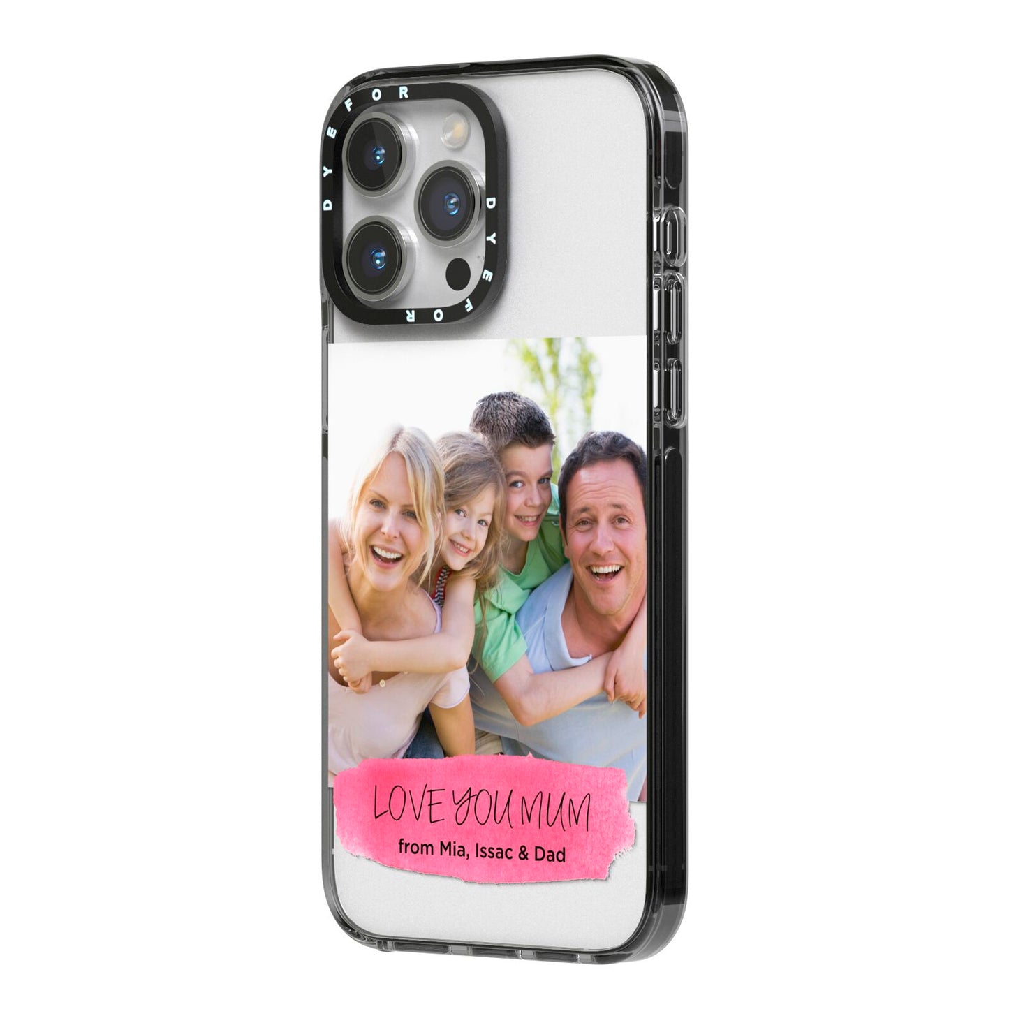 Personalised Photo Upload Mothers Day iPhone 14 Pro Max Black Impact Case Side Angle on Silver phone