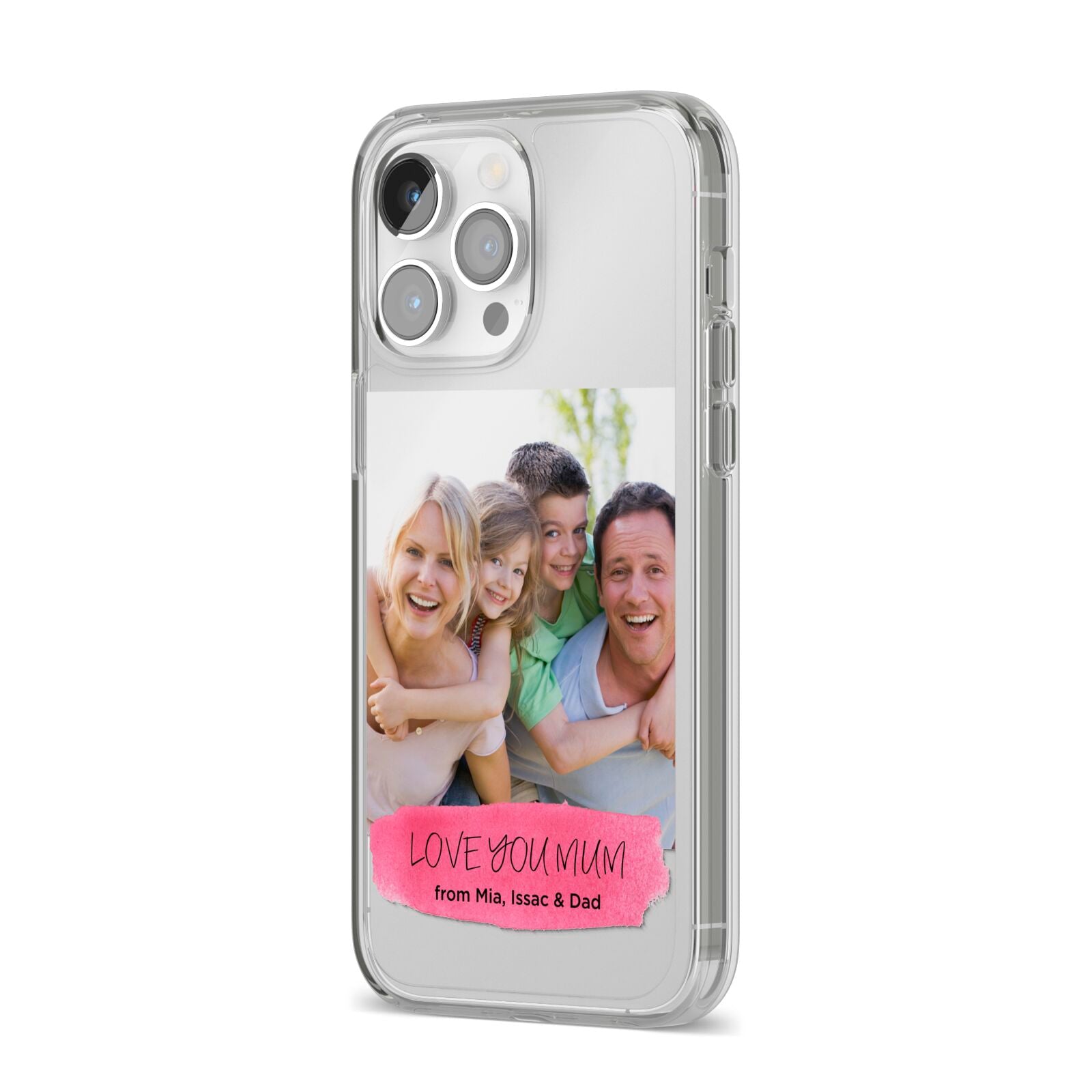 Personalised Photo Upload Mothers Day iPhone 14 Pro Max Clear Tough Case Silver Angled Image