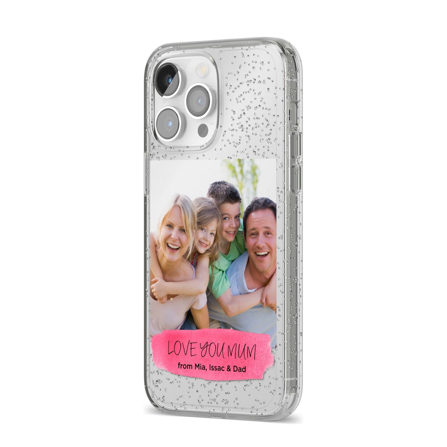 Personalised Photo Upload Mothers Day iPhone 14 Pro Max Glitter Tough Case Silver Angled Image