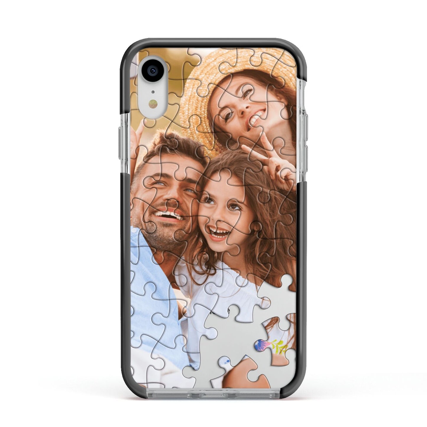 Personalised Photo Upload Puzzle Effect Apple iPhone XR Impact Case Black Edge on Silver Phone