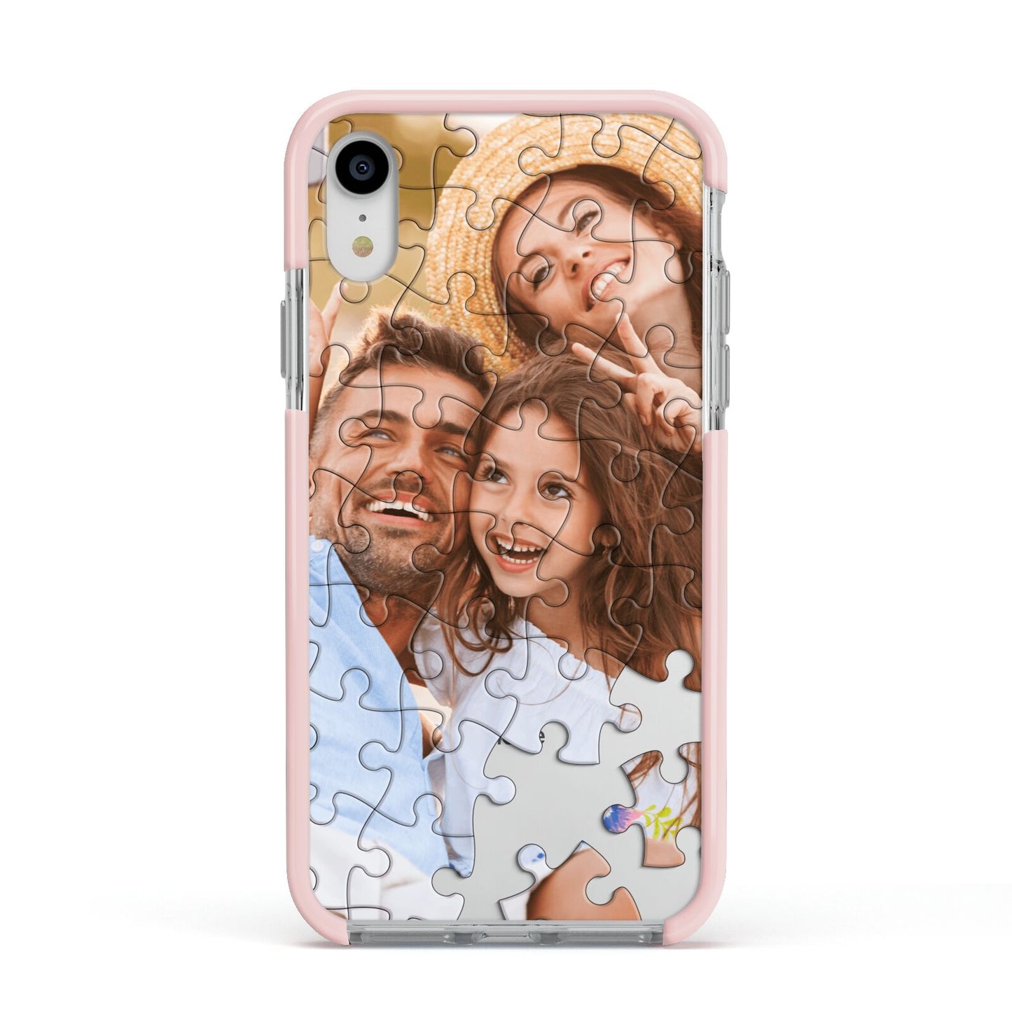 Personalised Photo Upload Puzzle Effect Apple iPhone XR Impact Case Pink Edge on Silver Phone